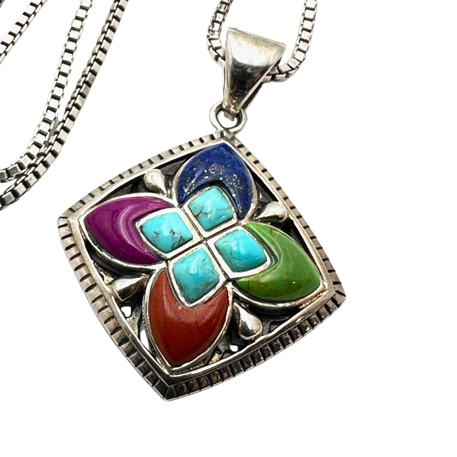 Turquoise Multi Gemstone Sterling Silver Pendant Signed NK Necklace 22 Inch Chain Weight 16 Grams: Turquoise Multi Gemstone Sterling Silver Pendant Signed NK Necklace 22 Inch Chain Weight 16 Grams