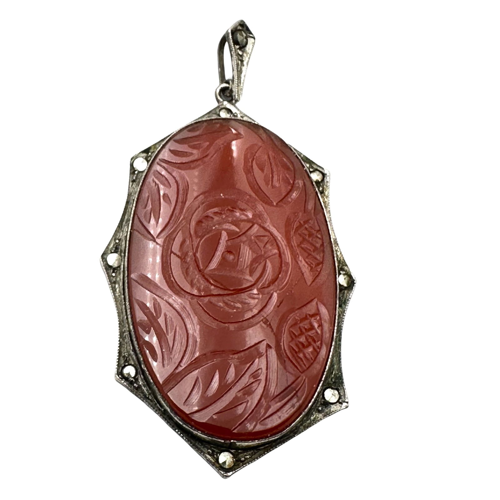 Antique Vintage Carved Red Carnelian Gemstone Marcasite Sterling Silver Pendant 2 Inch (1 of 2)