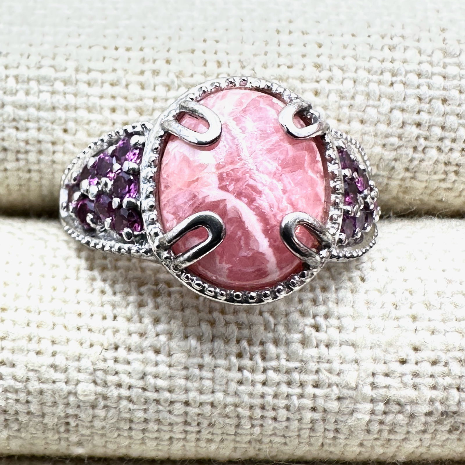 Rhodochrosite and Pink Gemstone Sterling Silver Ring Size 8 (1 of 2)