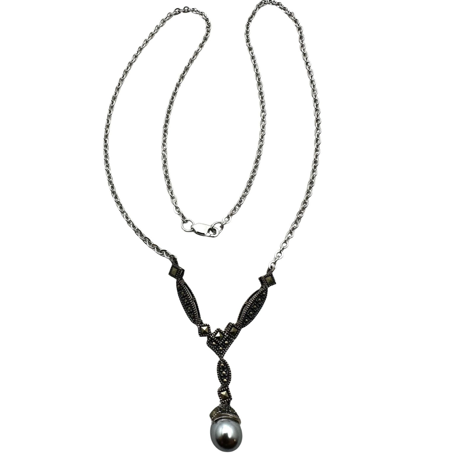 Black Pearl And Marcasite Sterling Silver Necklace 17 Inch (1 of 2)