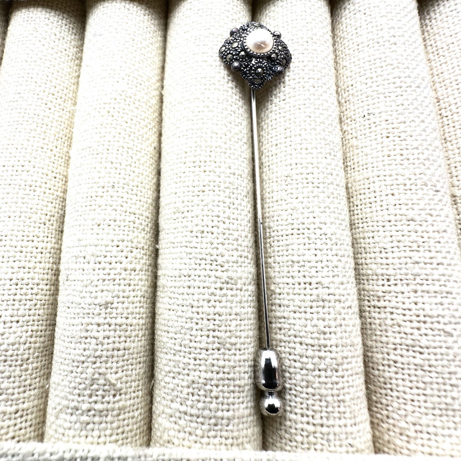 Pearl And Marcasite Sterling Silver Stick Pin 2.5 Inch: Pearl And Marcasite Sterling Silver Stick Pin 2.5 Inch