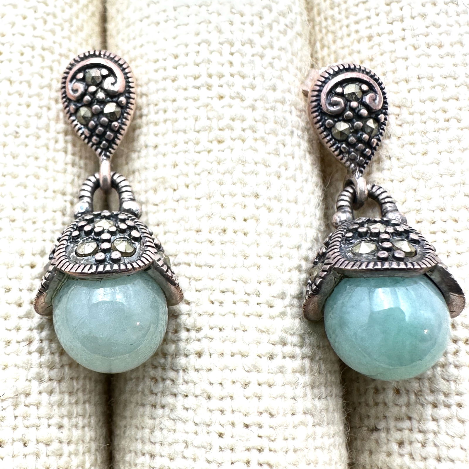 Green Jade And Marcasite Sterling Silver Pierced Earrings 1 Inch (1 of 2)