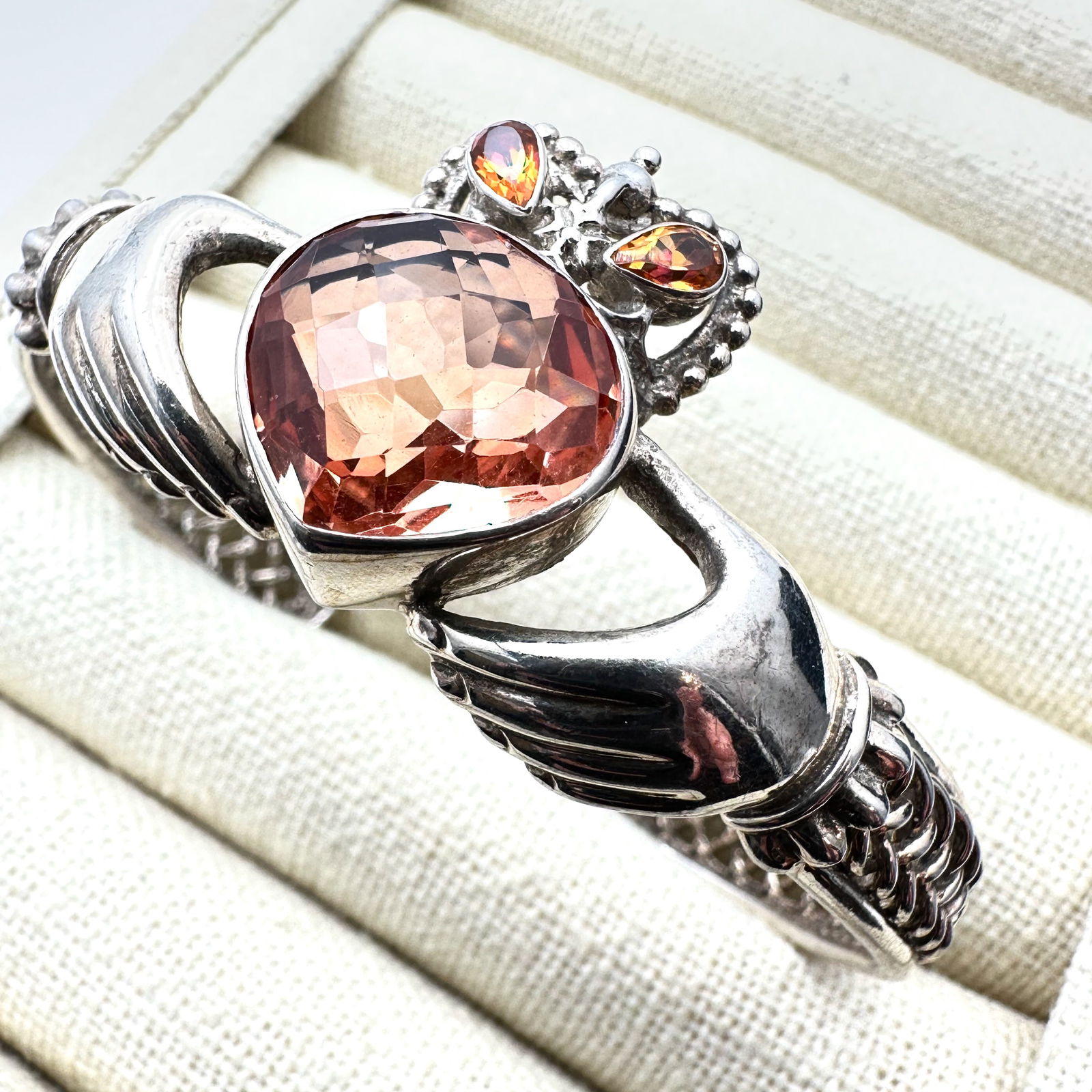 Celtic Irish Claddagh Orange Pink Gemstone Sterling Silver Cuff Bracelet 24 Grams Adjustable Size: Celtic Irish Claddagh Orange Pink Gemstone Sterling Silver Cuff Bracelet 24 Grams Adjustable Size
