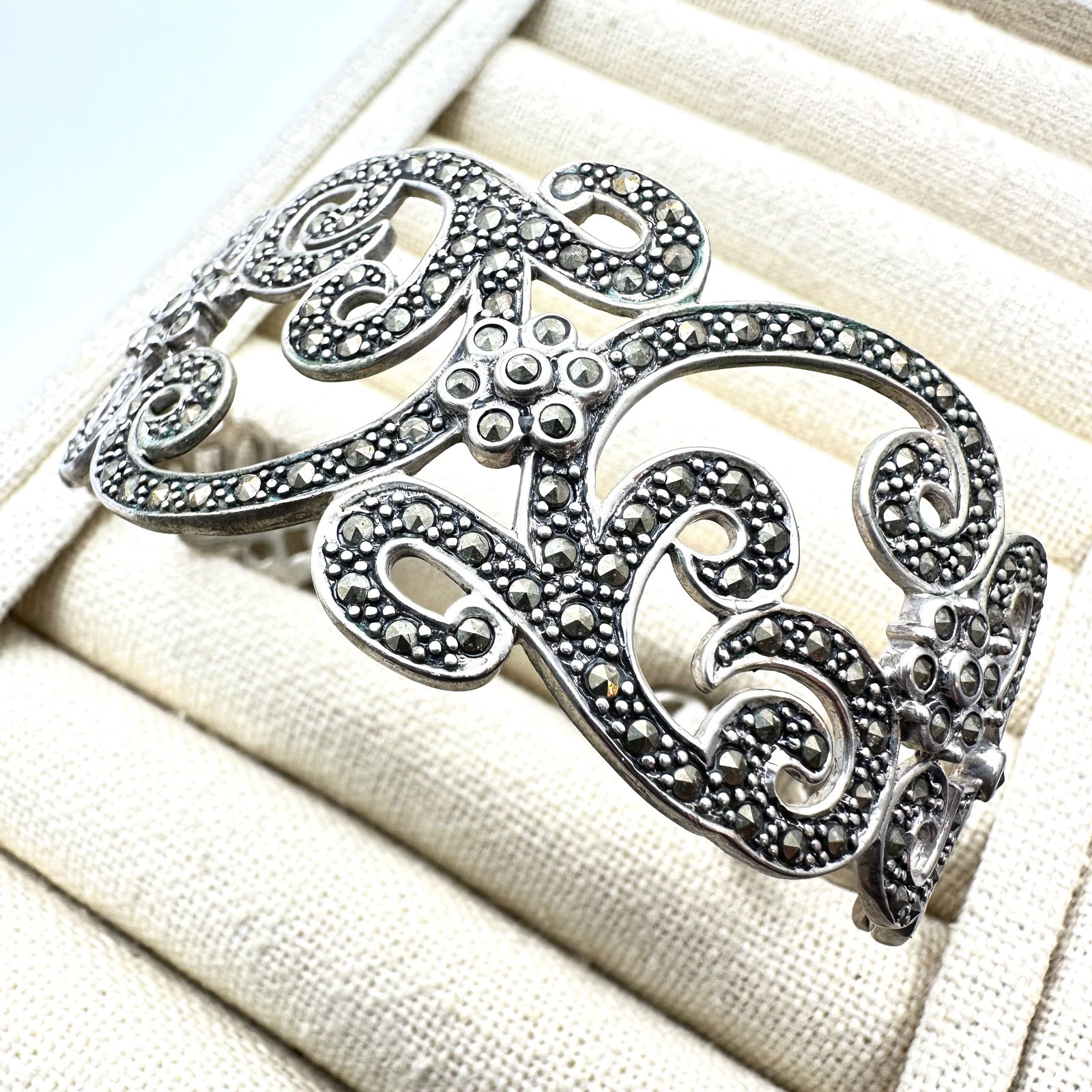 Marcasite Sterling Silver Filigree Design Cuff Bracelet 30 Grams Adjustable Size: Marcasite Sterling Silver Filigree Design Cuff Bracelet 30 Grams Adjustable Size