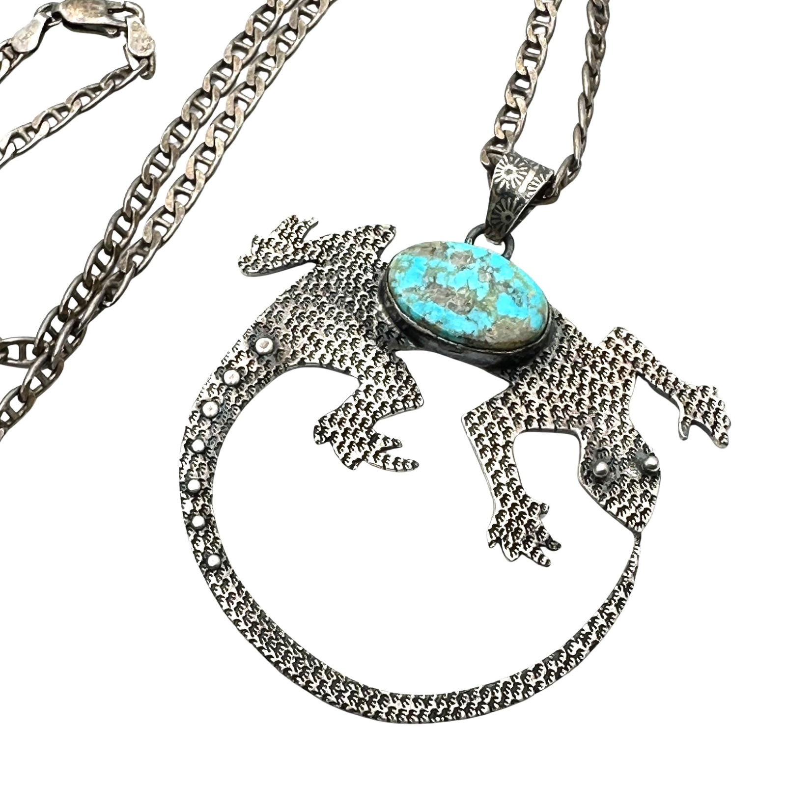 American Southwest Turquoise Lizard Pendant Necklace Heavy Chain 20 Inch 30 Grams: American Southwest Turquoise Lizard Pendant Necklace Heavy Chain 20 Inch 30 Grams