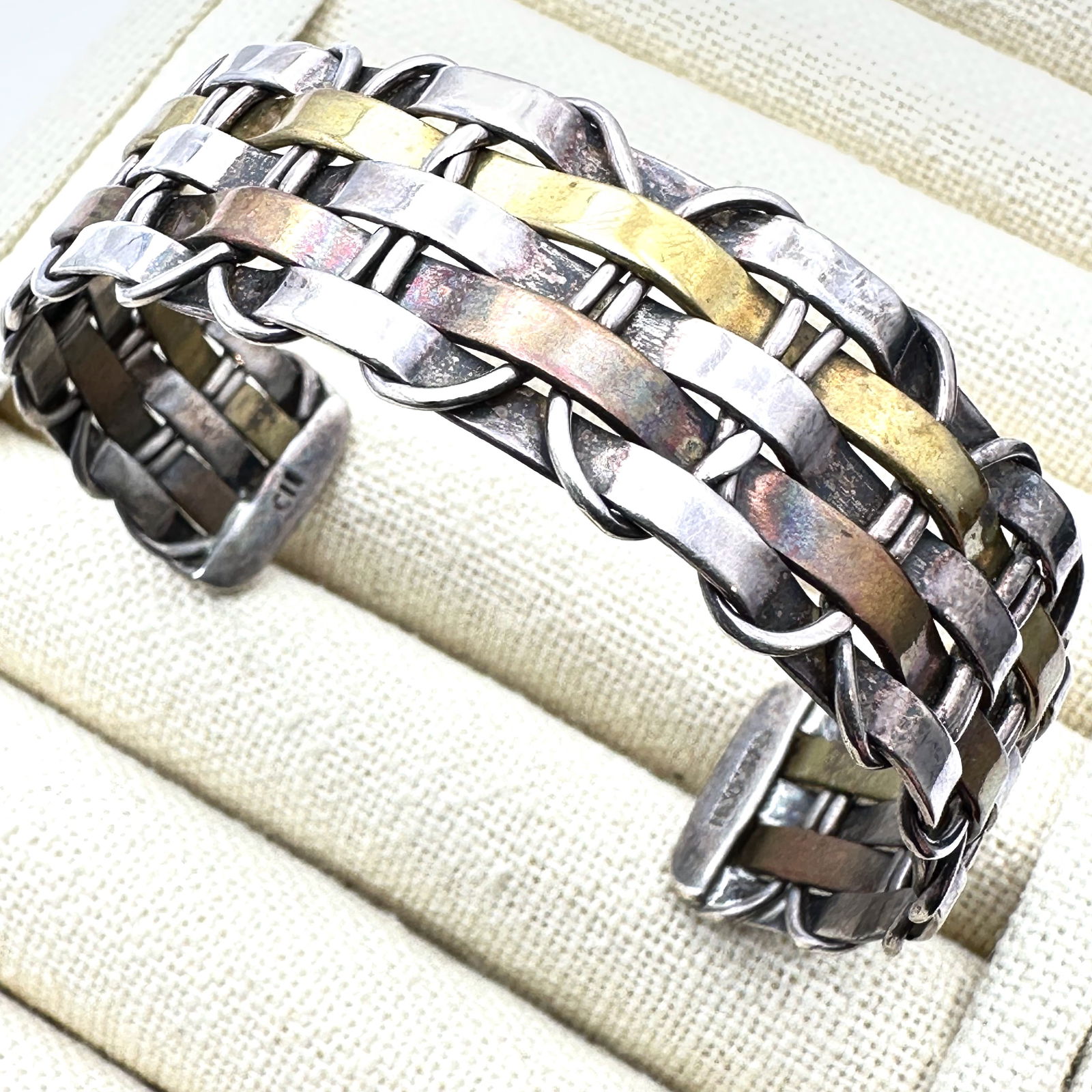 Mixed Metal Sterling Silver Copper Brass Cuff Bracelet Adjustable Size Weight 30 Grams (1 of 2)