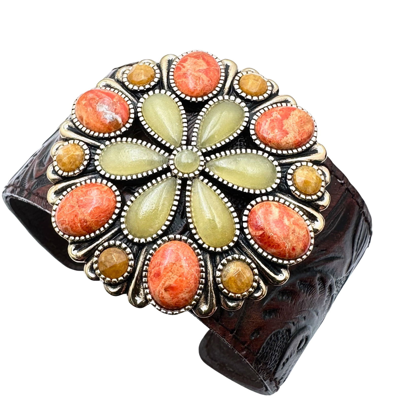 Barse Spiney Oyster Multi Gemstone Leather Cuff Bracelet Adjustable Size (1 of 2)