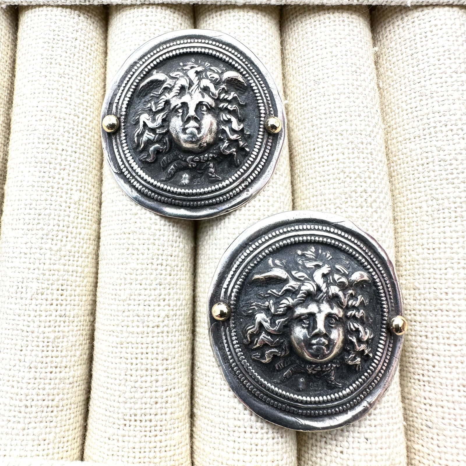 Vintage Antique Medusa Sterling Silver Gold Accents Clip Earrings 1.5 Inch 23 Grams: Vintage Antique Medusa Sterling Silver Gold Accents Clip Earrings 1.5 Inch 23 Grams