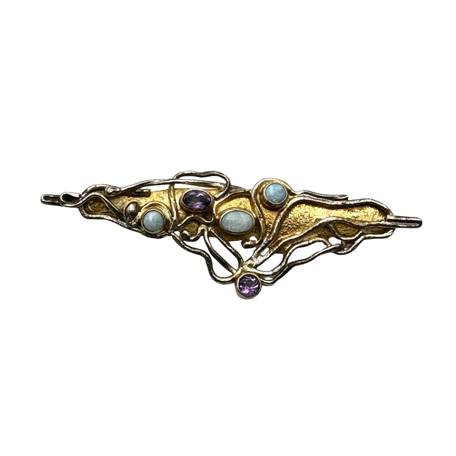 Vintage Artisan Opal Amethyst Sterling Silver Brooch Pin 2.75 Inch 10 Grams (1 of 2)