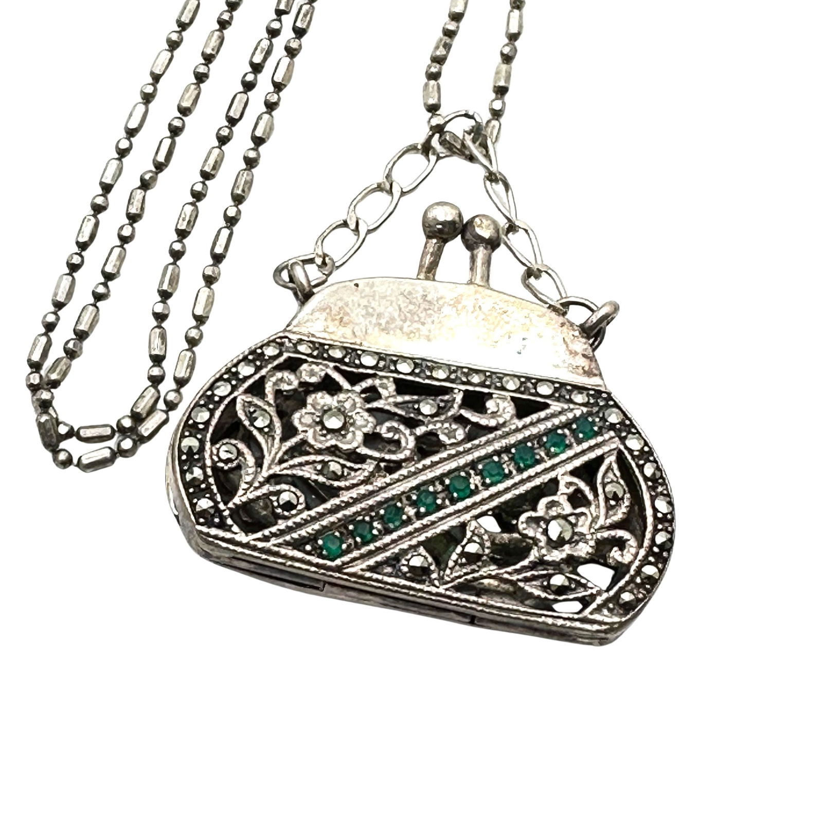 Vintage Marcasite Tiny Purse Pendant Sterling Silver Necklace 22 Inch Chain 18 Grams Purse Opens (1 of 2)