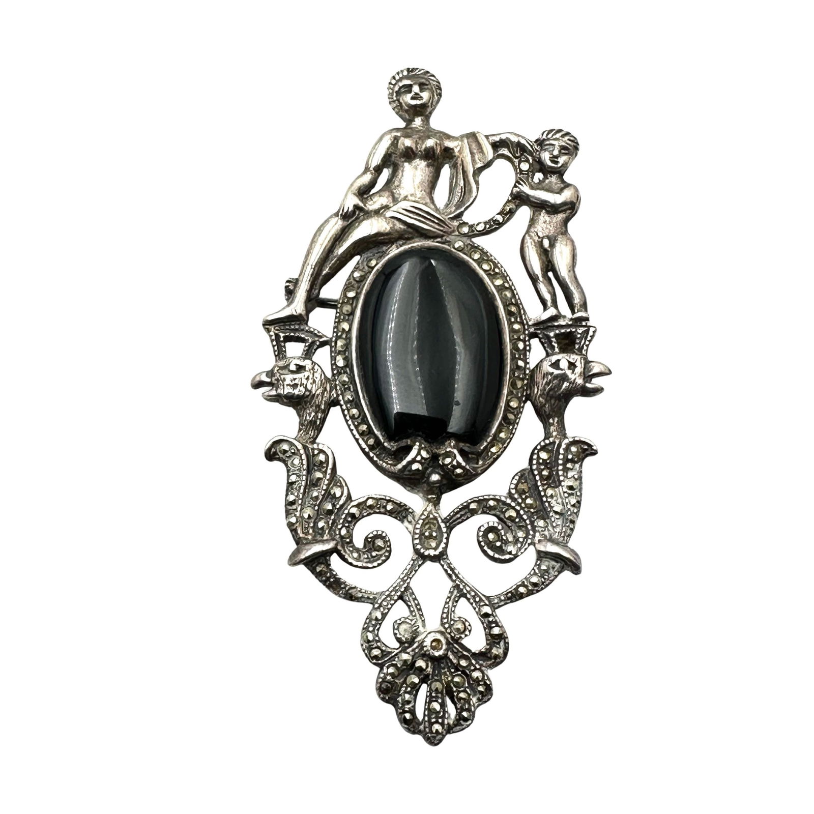 Vintage Black Onyx Marcasite Sterling Silver Brooch Pin 3 Inch 24 Grams Art Nouveau Design (1 of 2)