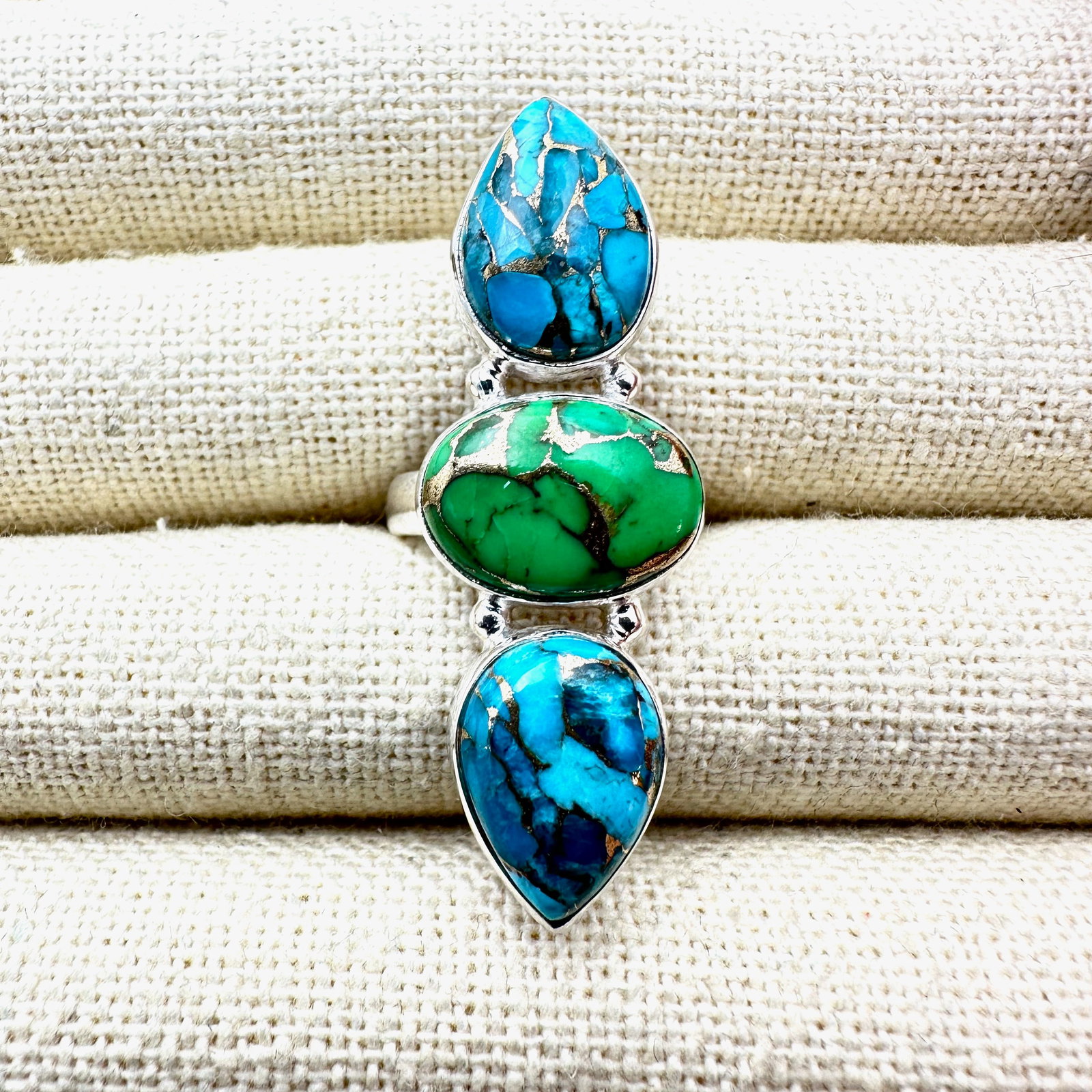 Green And Blue Turquoise Sterling Silver Ring Size 6: Green And Blue Turquoise Sterling Silver Ring Size 6