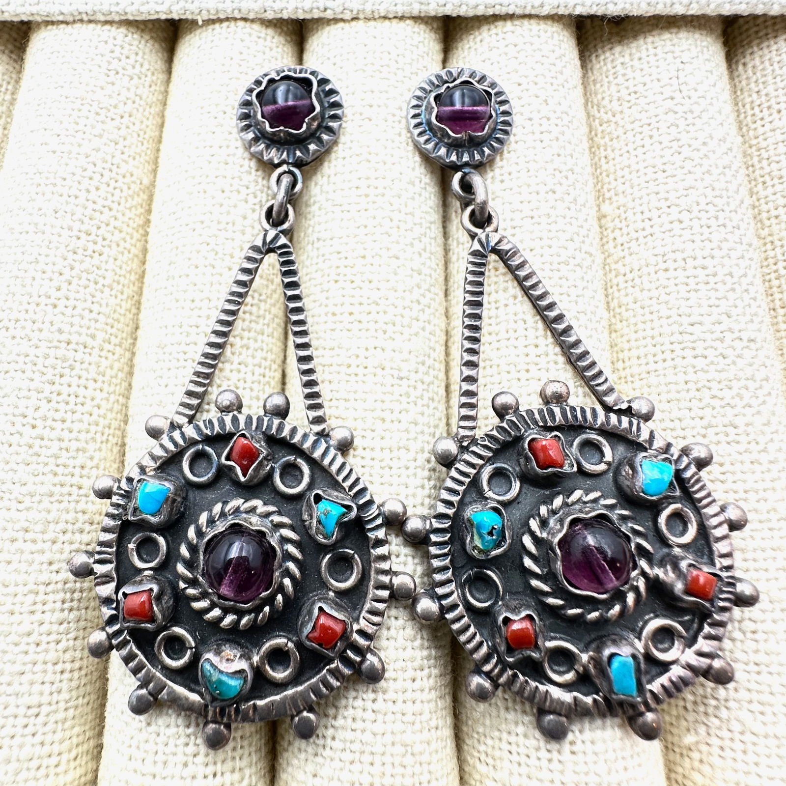 Vintage Mexico Amethyst Coral Turquoise Sterling Silver Pierced Earrings 2.5 Inch (1 of 2)