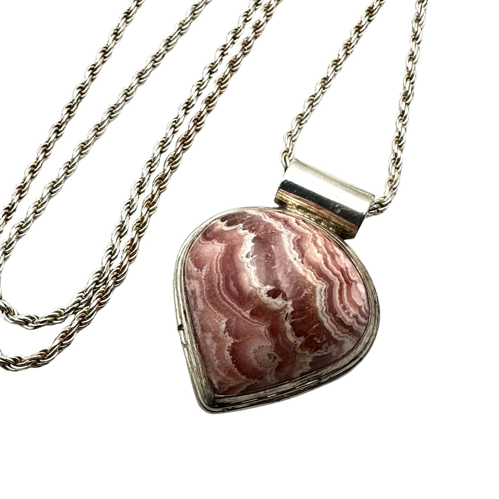 Pink Rhodochrosite Pendant Sterling Silver Necklace 20 Inch Rope Chain 20 Grams: Pink Rhodochrosite Pendant Sterling Silver Necklace 20 Inch Rope Chain 20 Grams