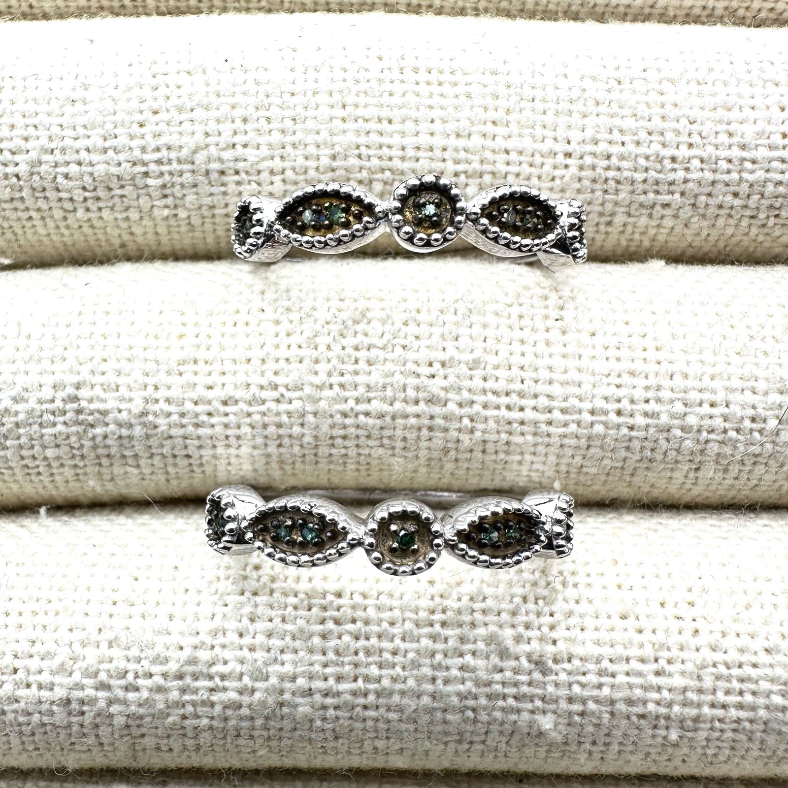 Green Diamond Pair of Sterling Silver Stacking Ring Bands Size 9: Green Diamond Pair of Sterling Silver Stacking Ring Bands Size 9