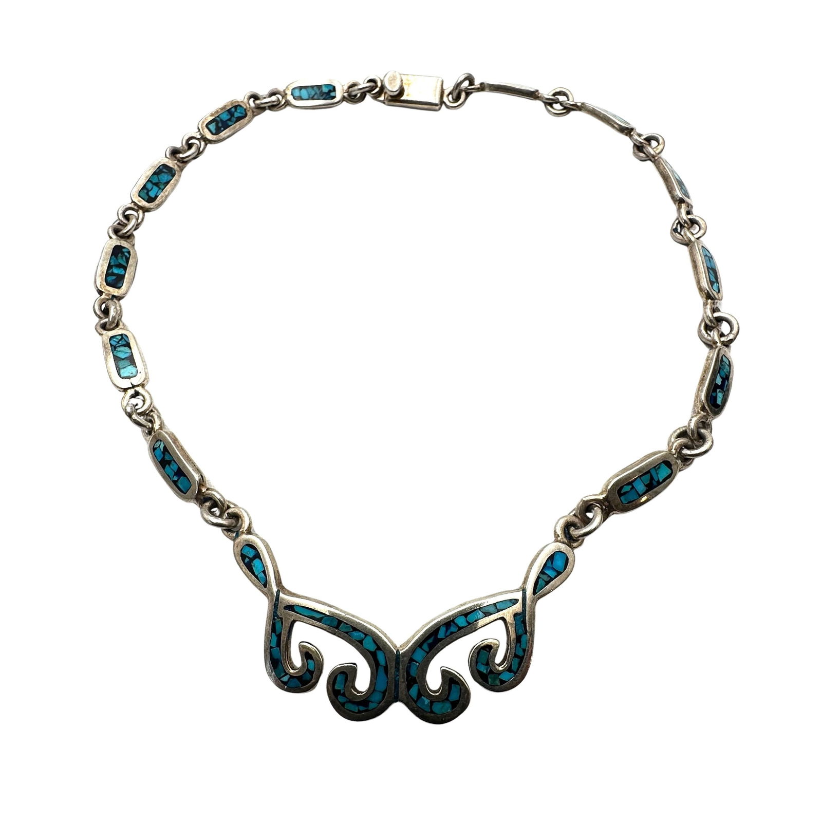 Vintage Mexico Inlay Turquoise Heavy Statement Necklace 16 Inch Weight 50 Grams: Vintage Mexico Inlay Turquoise Heavy Statement Necklace 16 Inch Weight 50 Grams