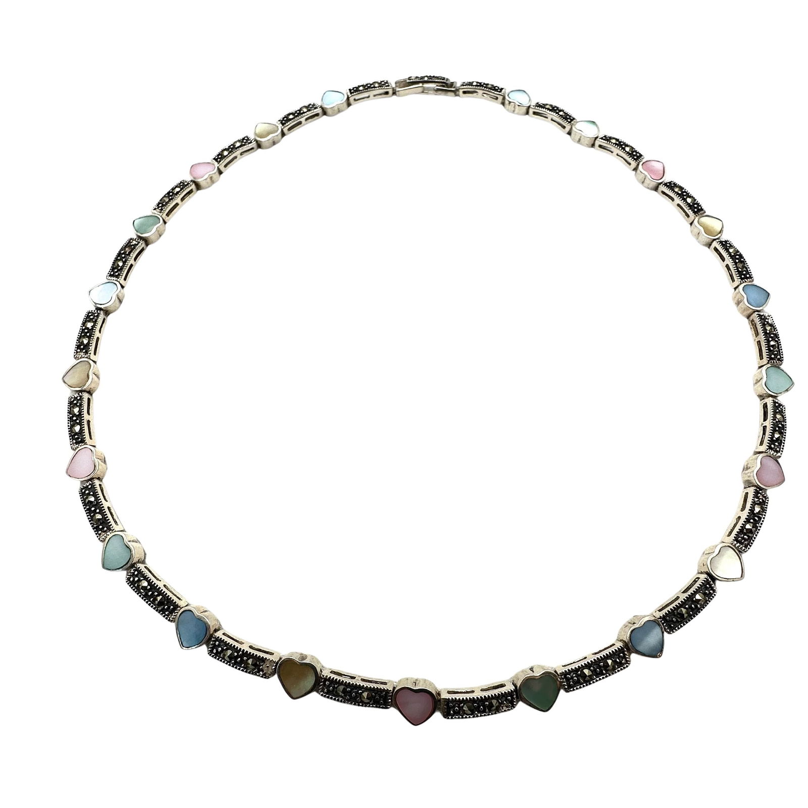 Multicolor Mother of Pearl Hearts Marcasite Sterling Silver Necklace 16 Inch Chain 23 Grams (1 of 2)