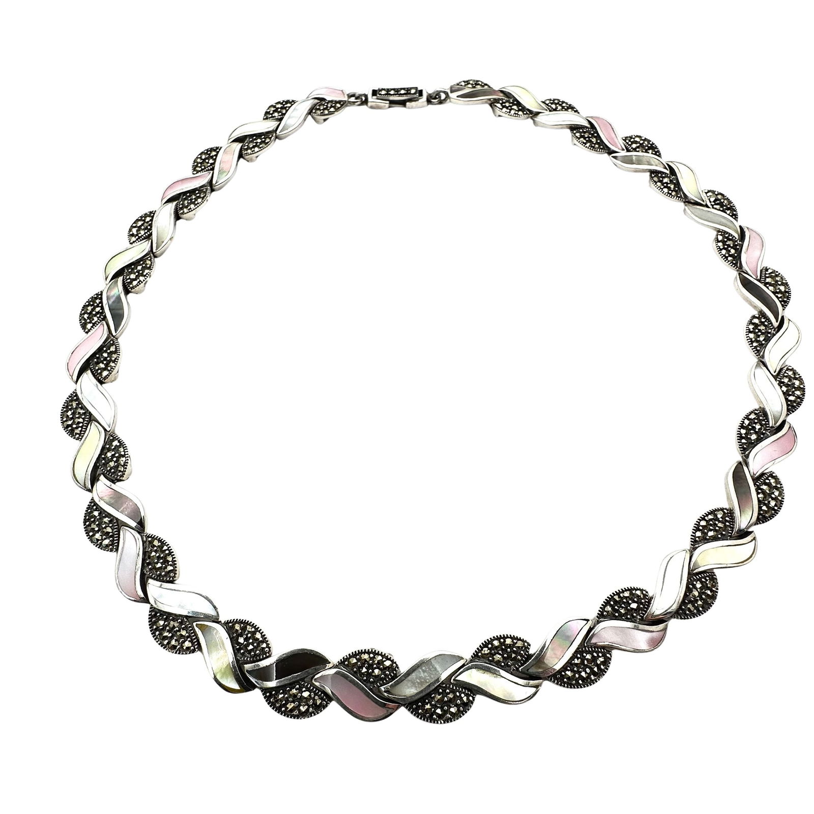 Multicolor Mother of Pearl Marcasite Sterling Silver Necklace 16 Inch Chain 48 Grams (1 of 3)
