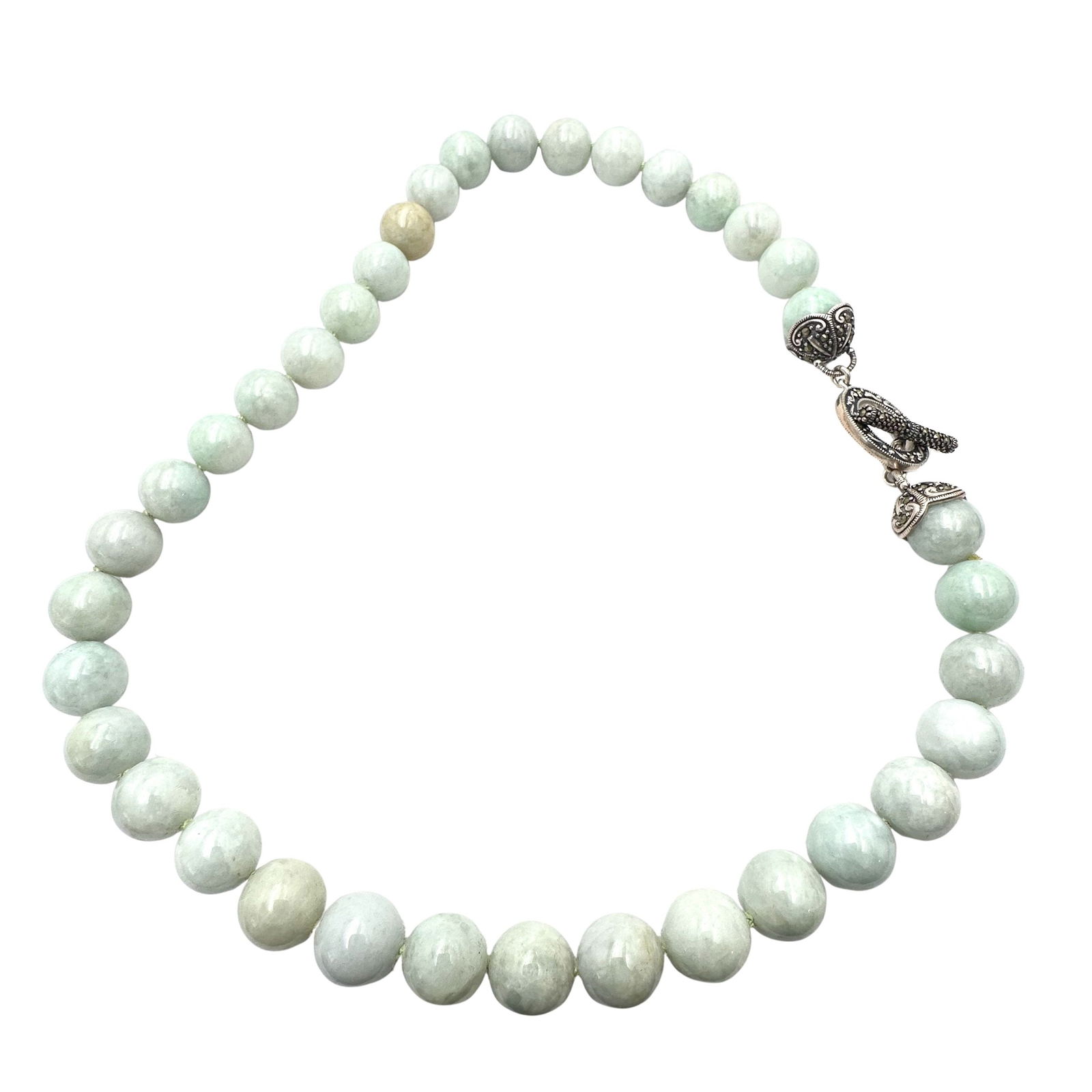 Designer Sterling Silver Marcasite Green Jade Bead 18 Inch Necklace Toggle Clasp 121 Grams: Designer Sterling Silver Marcasite Green Jade Bead 18 Inch Necklace Toggle Clasp 121 Grams