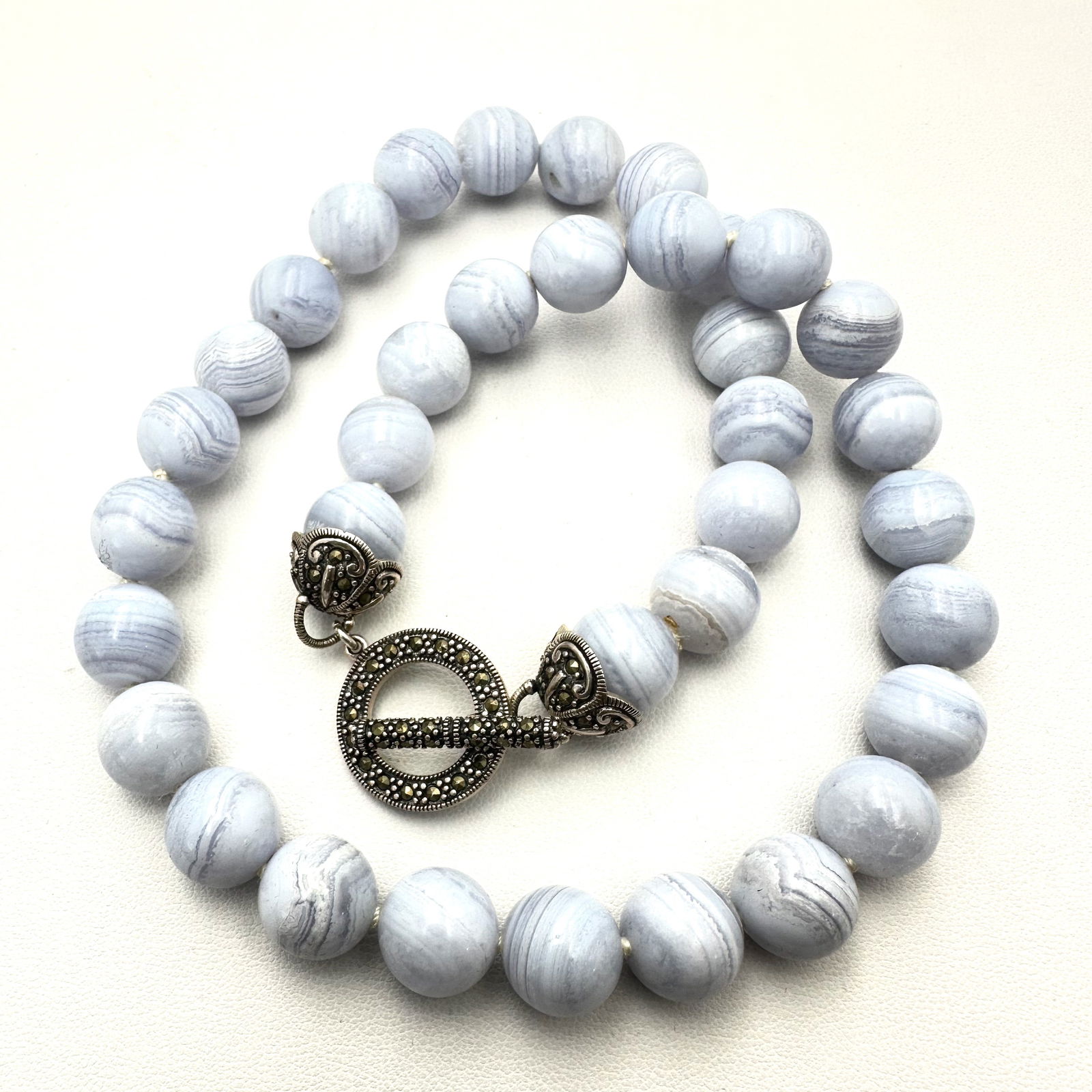 Designer Sterling Silver Marcasite Blue Lace Agate Bead 18 Inch Necklace Toggle Clasp 103 Grams: Designer Sterling Silver Marcasite Blue Lace Agate Bead 18 Inch Necklace Toggle Clasp 103 Grams