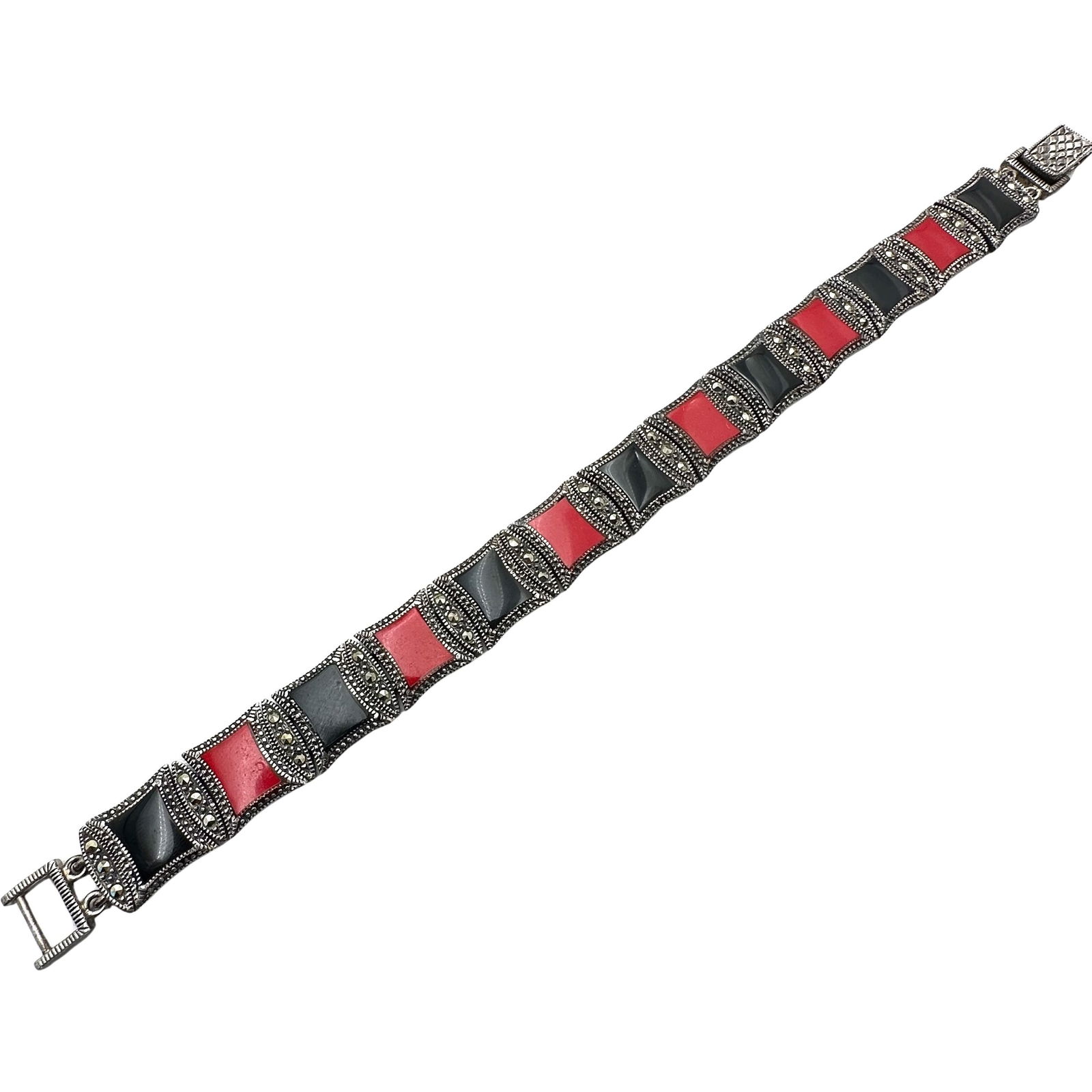 Red Black And Marcasite Sterling Silver Bracelet 8 Inch 38 Grams: Red Black And Marcasite Sterling Silver Bracelet 8 Inch 38 Grams