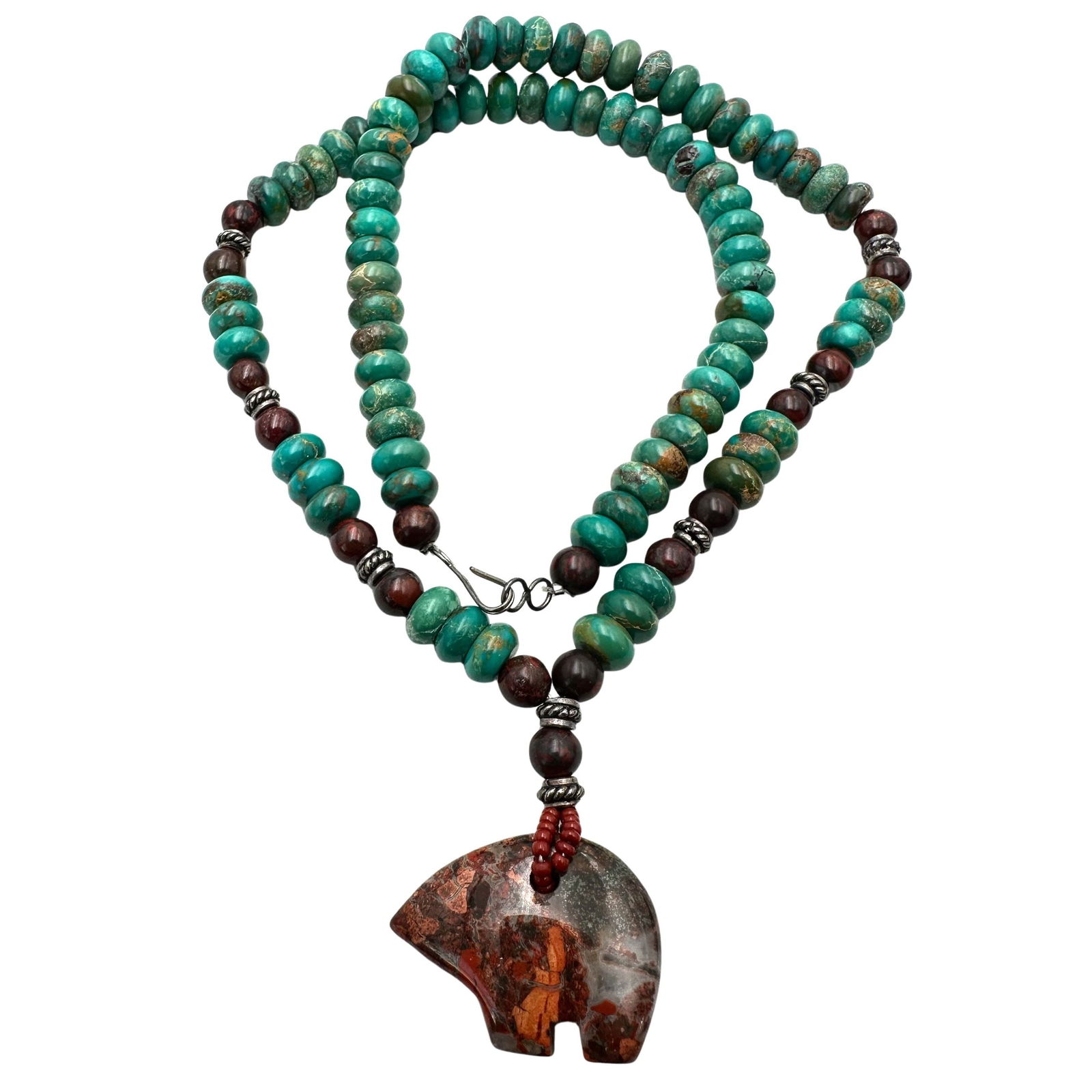 Turquoise And Jasper Fetish Bear Pendant Sterling Silver Necklace 18 Inch: Turquoise And Jasper Fetish Bear Pendant Sterling Silver Necklace 18 Inch