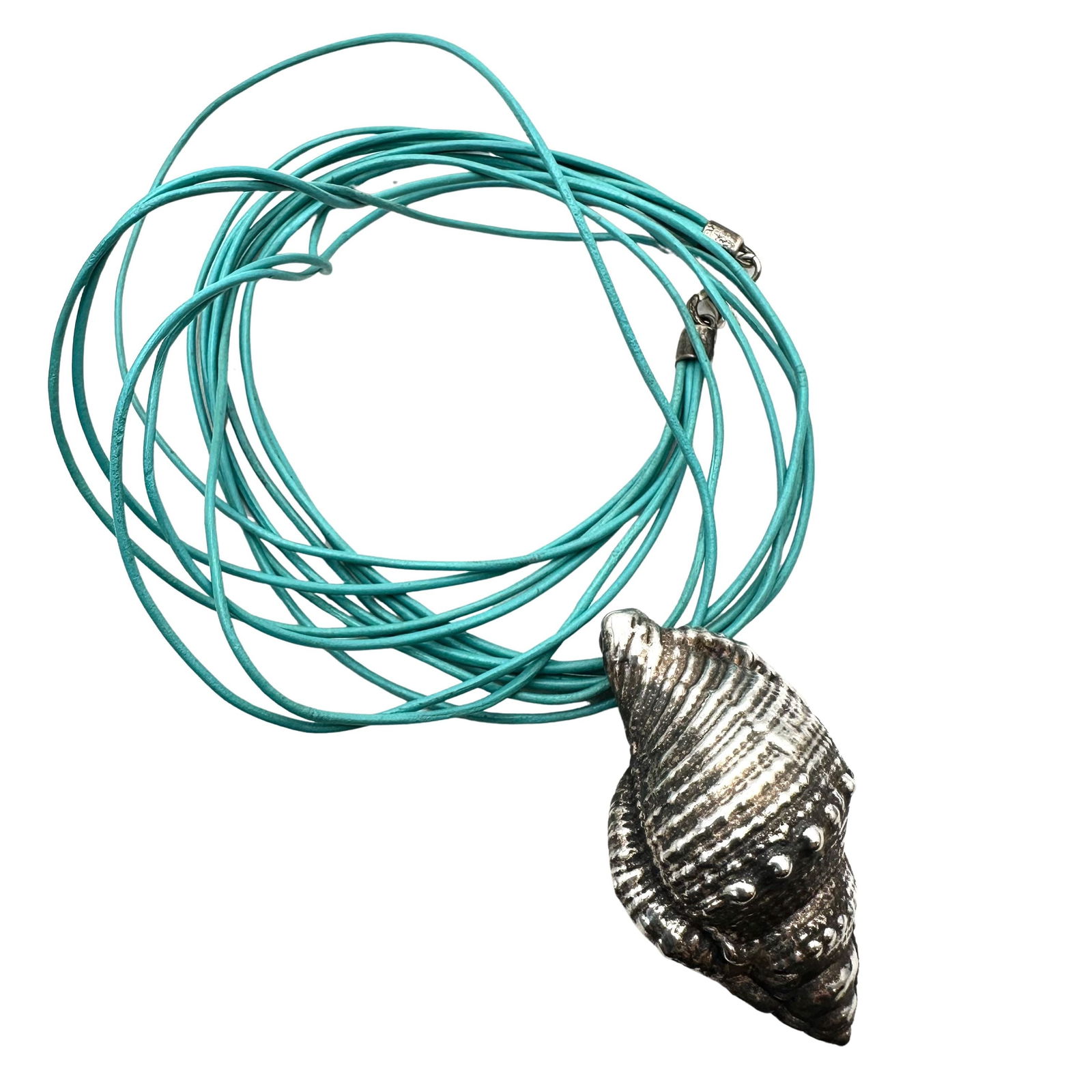 Sterling Silver Sea Shell Pendant Necklace Aqua Blue Leather Chain Necklace 16 Inch: Sterling Silver Sea Shell Pendant Necklace Aqua Blue Leather Chain Necklace 16 Inch