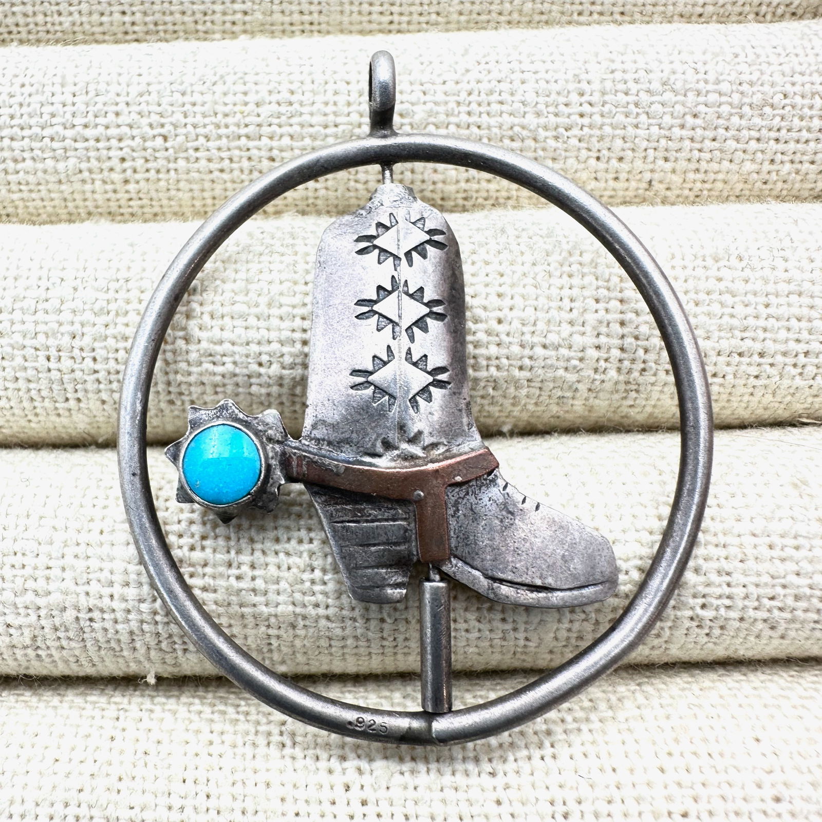 American Southwest Cowboy Boot Spurs Turquoise Coral Sterling Silver Spinner Reversible Pendant 2: American Southwest Cowboy Boot Spurs Turquoise Coral Sterling Silver Spinner Reversible Pendant 2 Inch