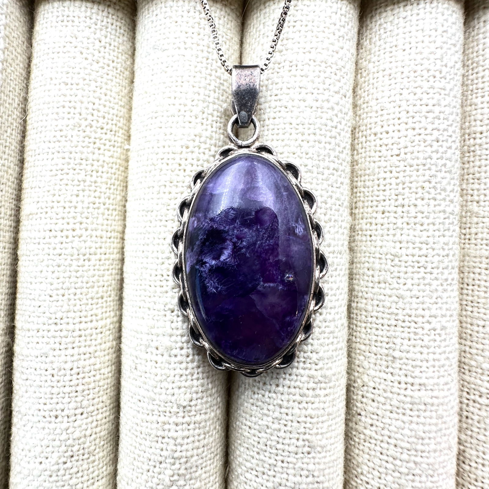 Purple Charoite Gemstone Sterling Silver 1.75 Inch Pendant Necklace 24 Inch Chain (1 of 2)