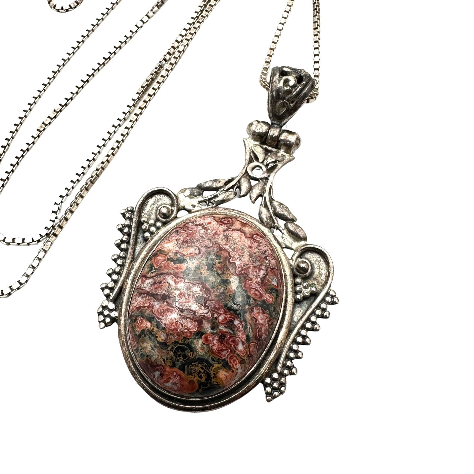 Pink Ocean Jasper Sterling Silver Pendant Necklace 20 Inch Chain Weight 20 Grams (1 of 2)