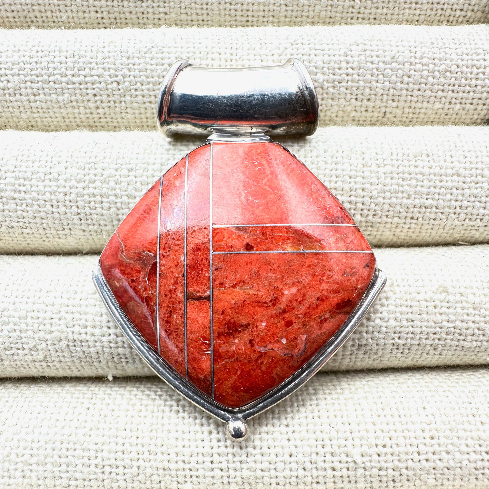 Inlay Coral Sterling Silver Magnetic Pendant 2 Inch 17 Grams: Inlay Coral Sterling Silver Magnetic Pendant 2 Inch 17 Grams