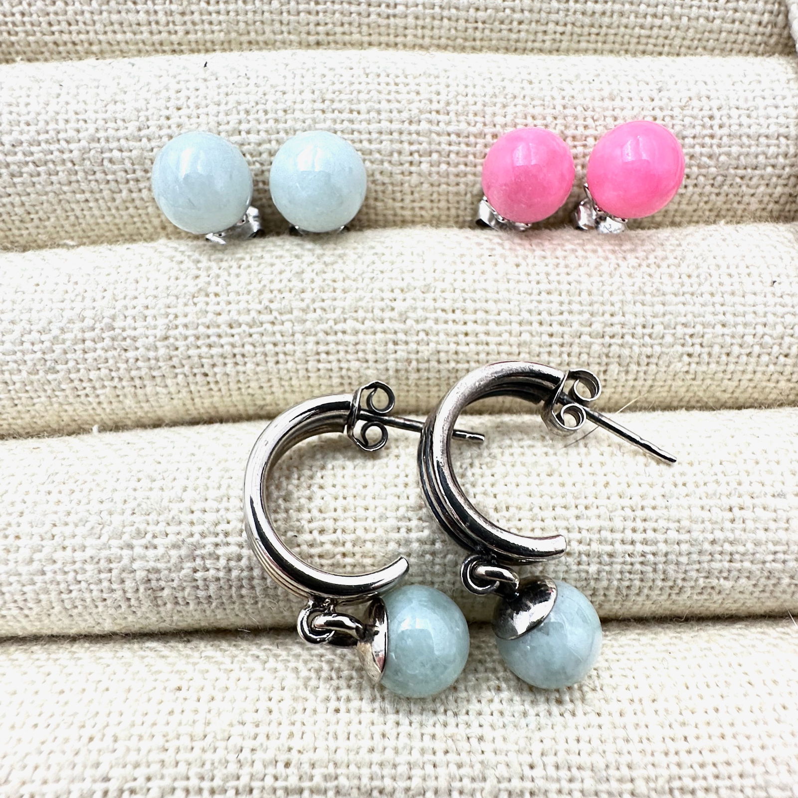 Jewelry Collection Green and Pink Jade Sterling Silver Pierced Earrings: Jewelry Collection Green and Pink Jade Sterling Silver Pierced Earrings