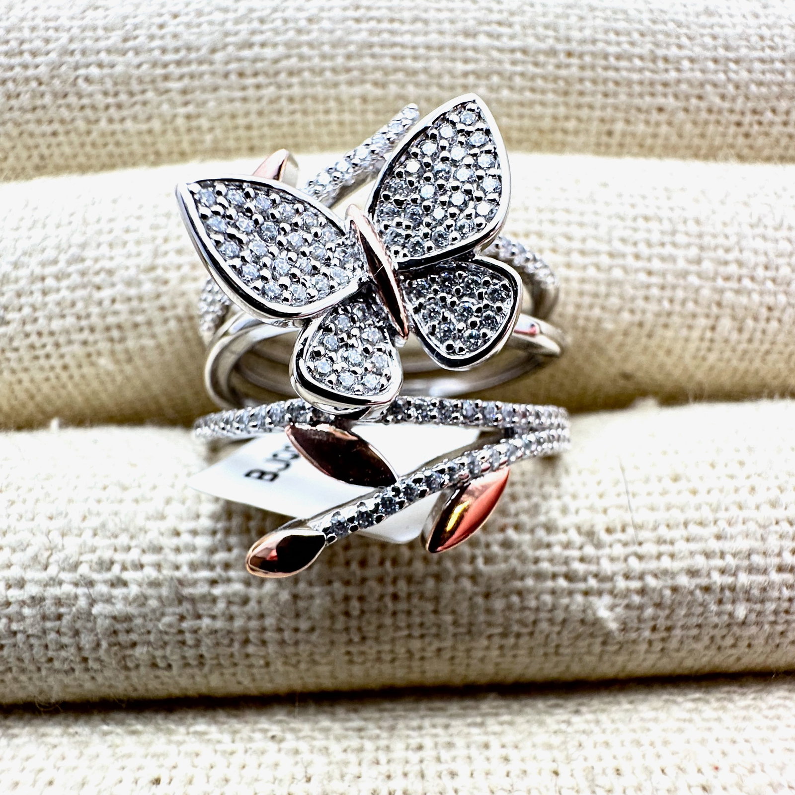 Clear CZ Sterling Silver Rose Gold Accents Butterfly Ring Size 9 Original Tag Attached Beautiful in: Clear CZ Sterling Silver Rose Gold Accents Butterfly Ring Size 9 Original Tag Attached Beautiful in Person