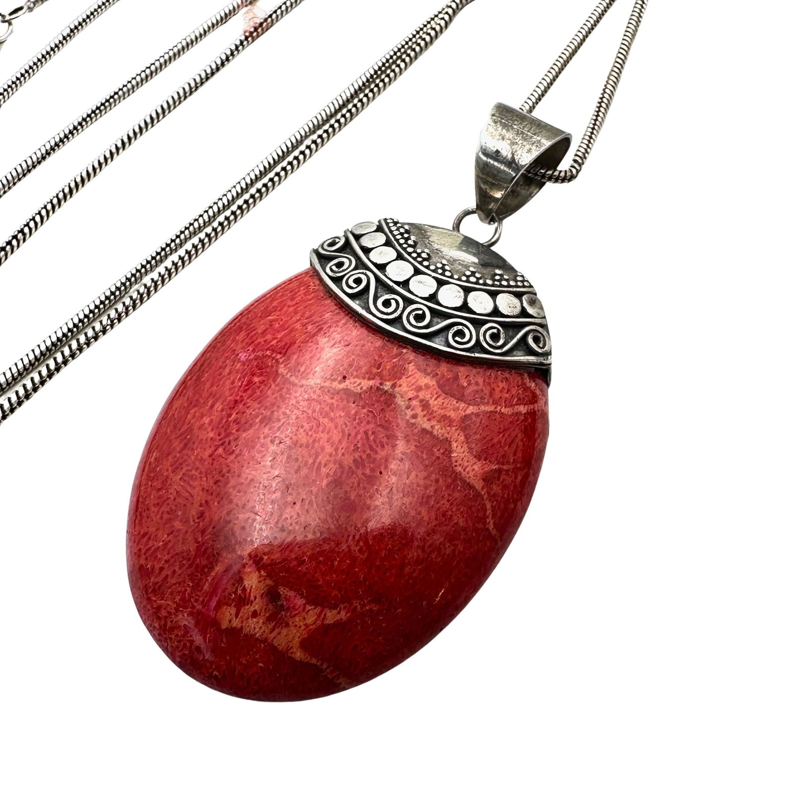 Red Coral Sterling Silver Pendant Necklace 24 Inch Chain (1 of 2)