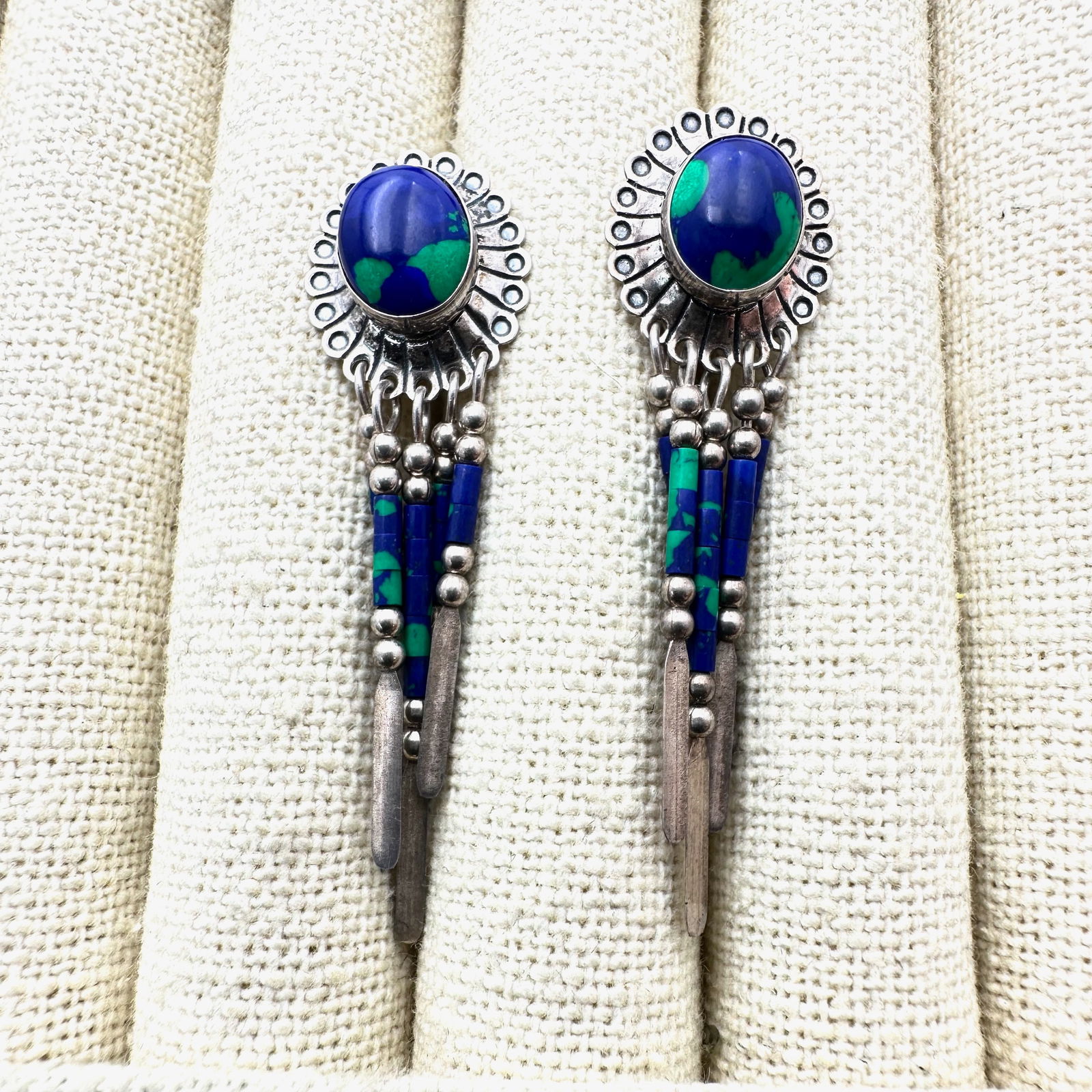 American Southwest Azurite Sterling Silver Pierced Chandelier Earrings 1.75 Inch (1 of 2)