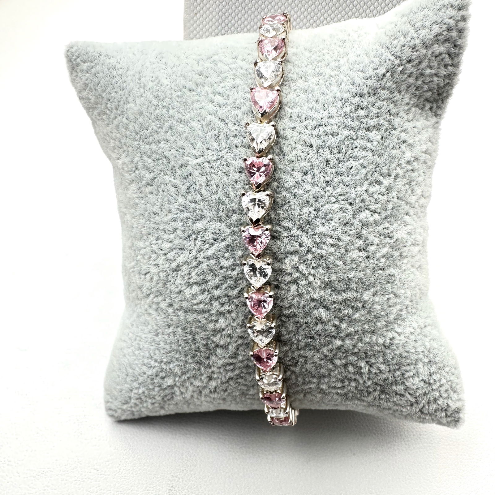 Pink And Clear Heart CZ Sterling Silver Tennis Bracelet 7.5 Inch: Pink And Clear Heart CZ Sterling Silver Tennis Bracelet 7.5 Inch