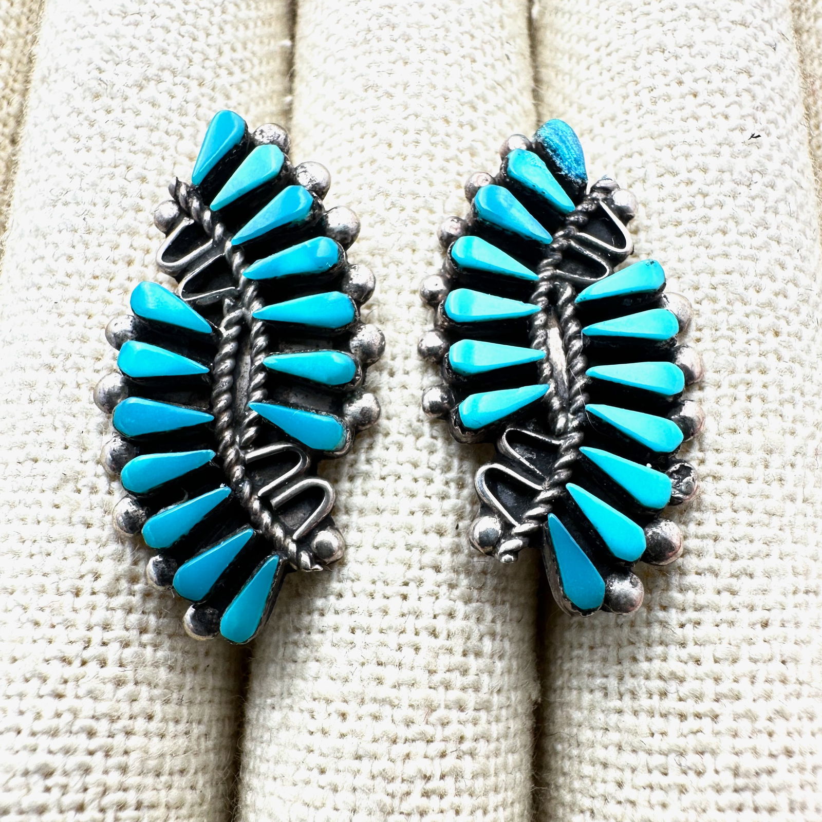 Native American Petit Point Turquoise Sterling Silver Pierced Earrings 1.25 Inch (1 of 2)