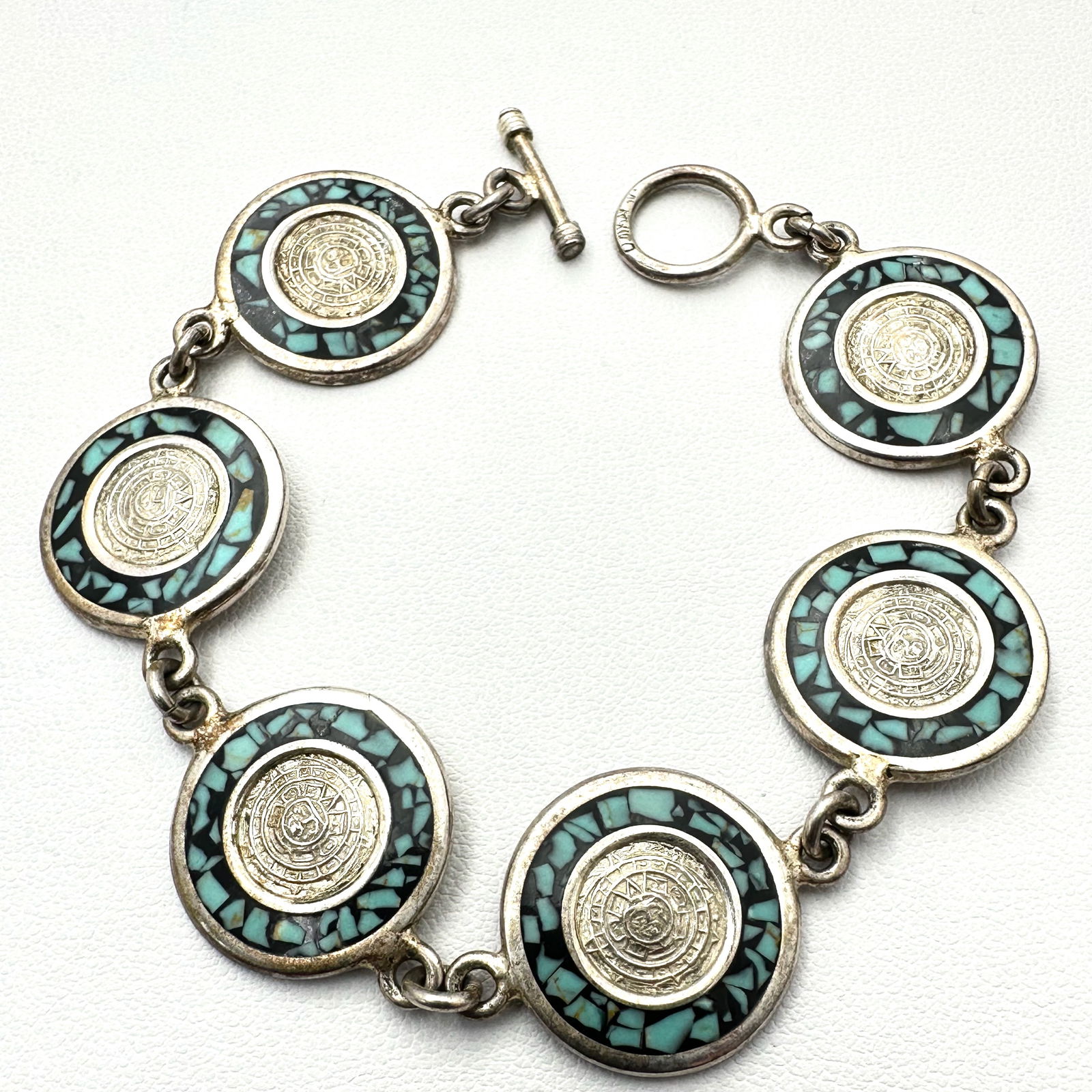 Vintage Mexico Sterling Silver Turquoise Inlay Toggle Clasp Bracelet 7.5 Inch 24 Grams (1 of 2)