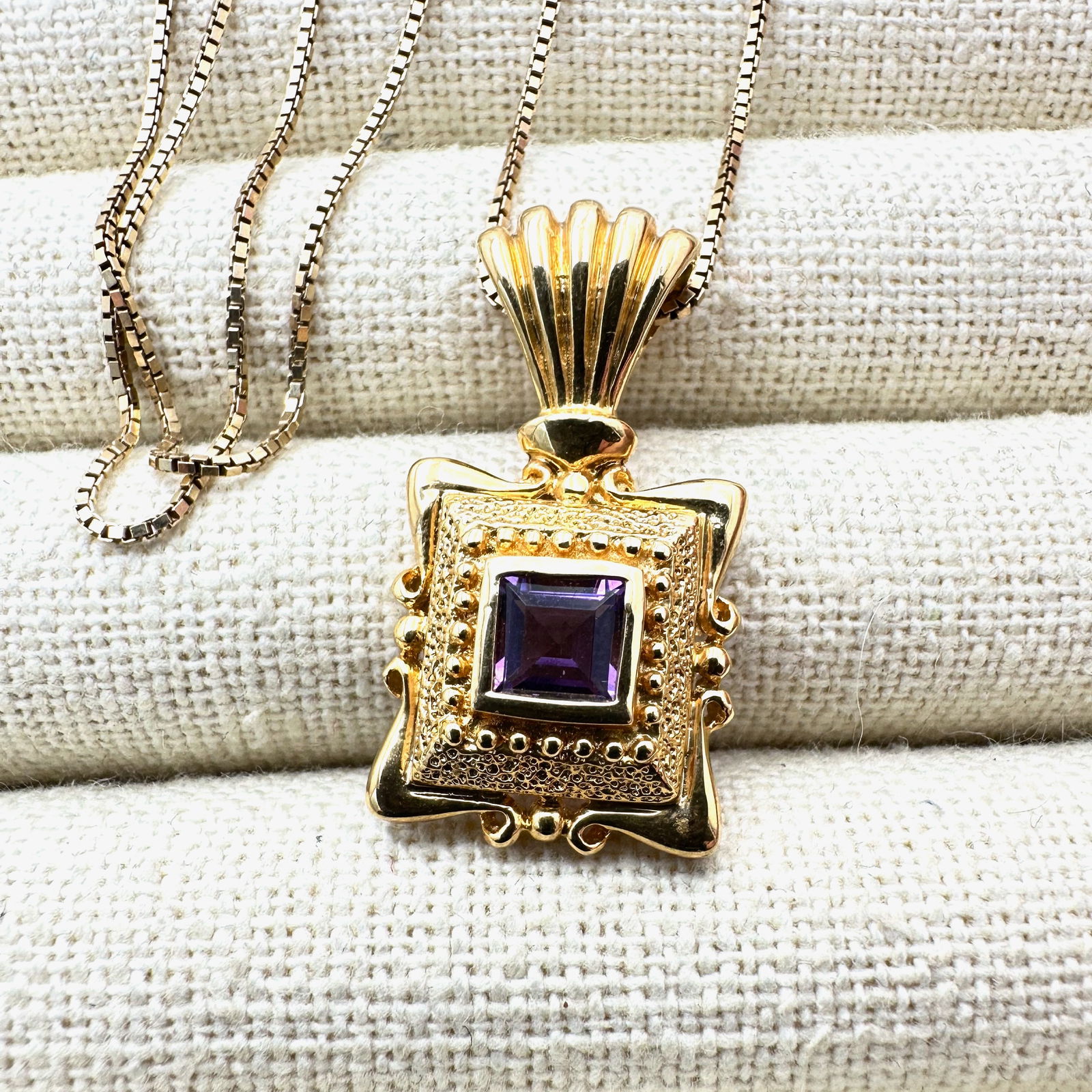 Purple Amethyst Gold Over Sterling Silver 1.25 Inch Pendant Necklace 16 Inch Box Chain: Purple Amethyst Gold Over Sterling Silver 1.25 Inch Pendant Necklace 16 Inch Box Chain
