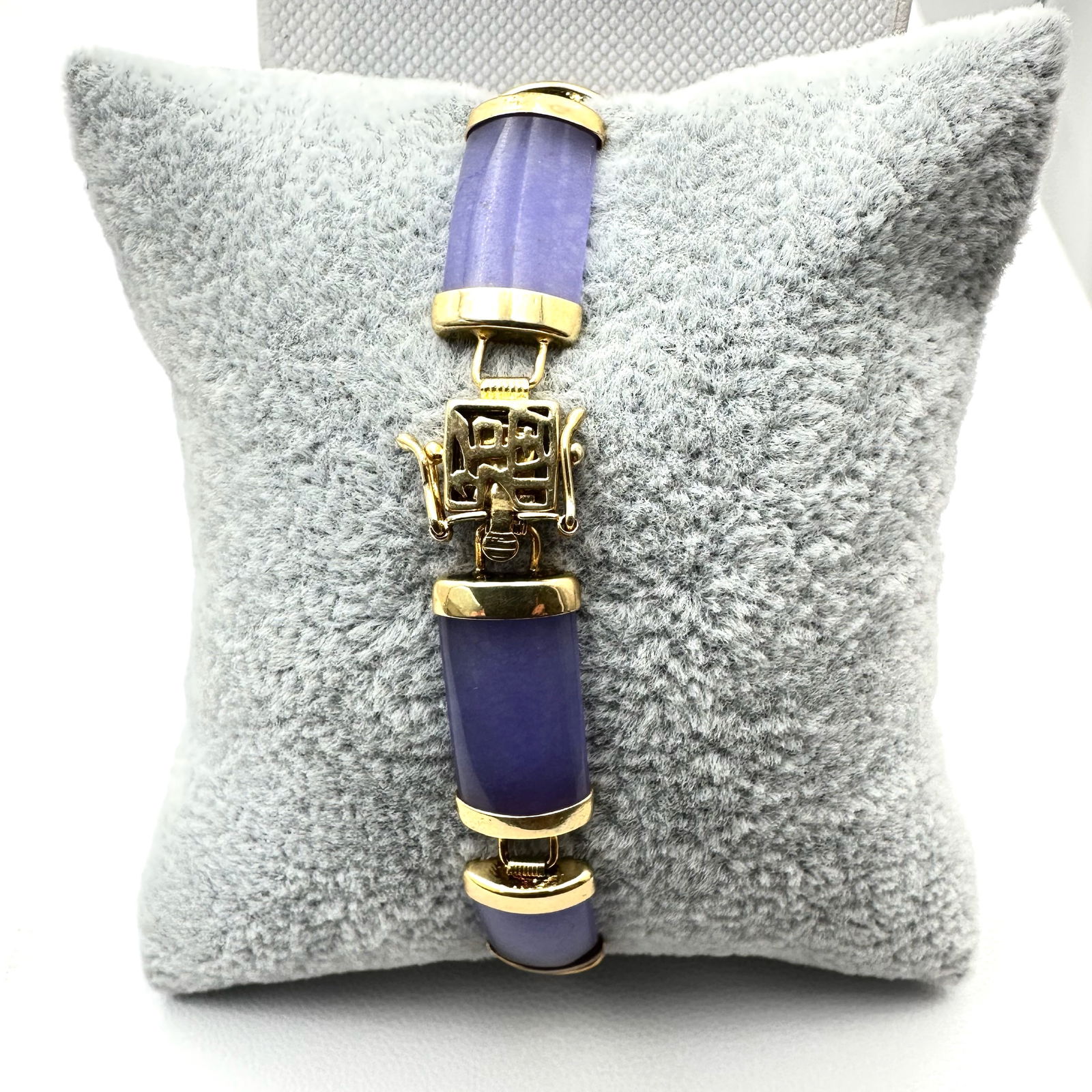 Chinese Purple Jade Gold Over Sterling Silver Bracelet 7 Inch Weight 11 Grams: Chinese Purple Jade Gold Over Sterling Silver Bracelet 7 Inch Weight 11 Grams