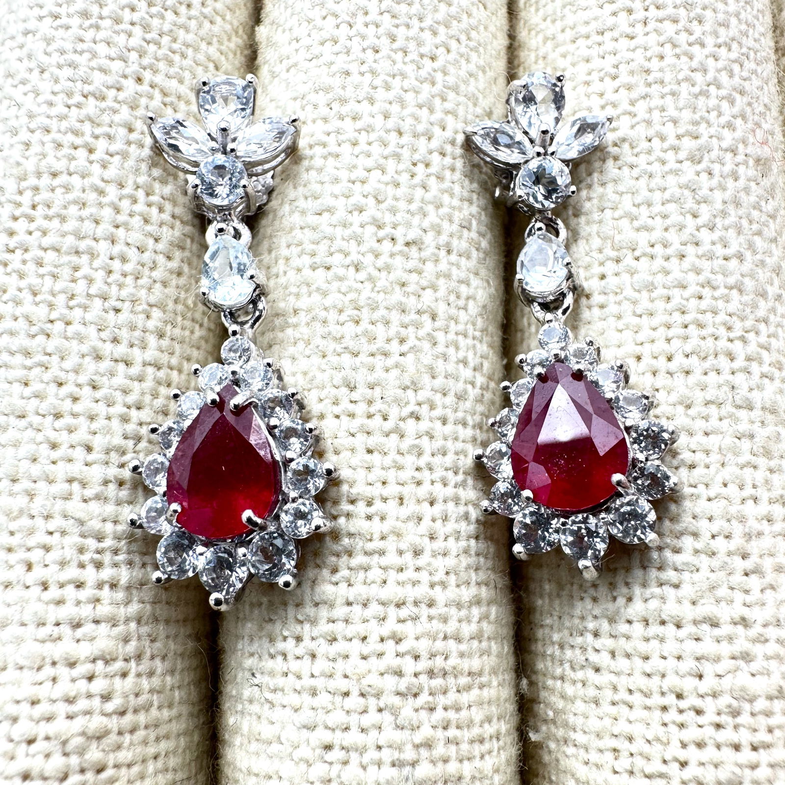 Red Ruby and White Topaz Sterling Silver Pierced Chandelier Earrings 1 Inch (1 of 2)