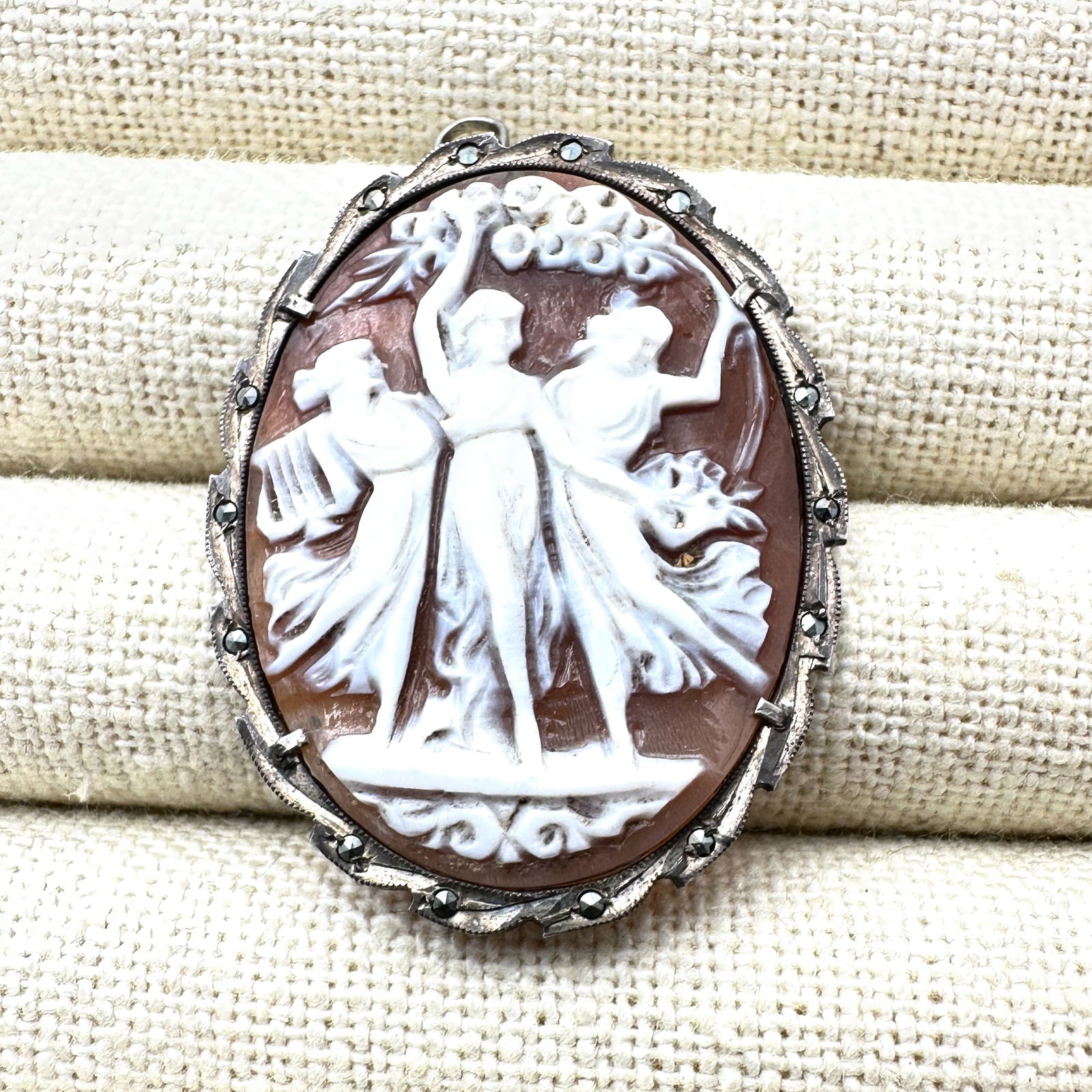 Antique Vintage Marcasite Sterling Silver Three Graces Carved Shell Cameo Pin Pendant 1.5 Inch (1 of 2)