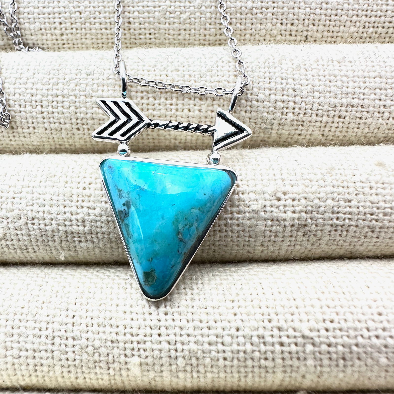 Southwest Style Blue Turquoise Arrow Sterling Silver Pendant Necklace 16 to 18 Inch Chain (1 of 2)