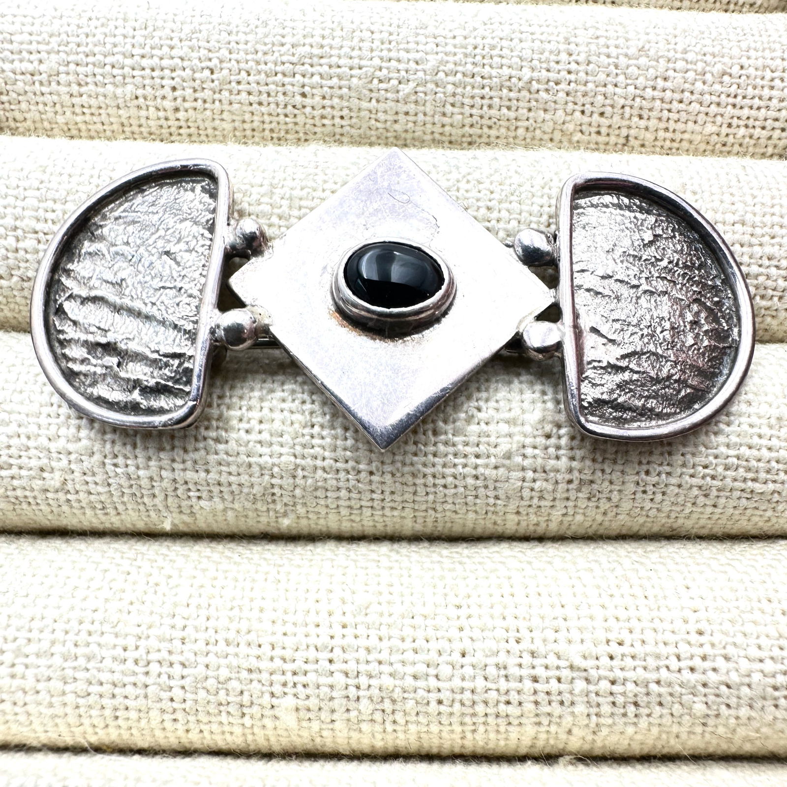 Vintage Mid Century Modern Artisan Mexico Black Onyx Sterling Silver Brooch Pin 2.5 Inch (1 of 2)