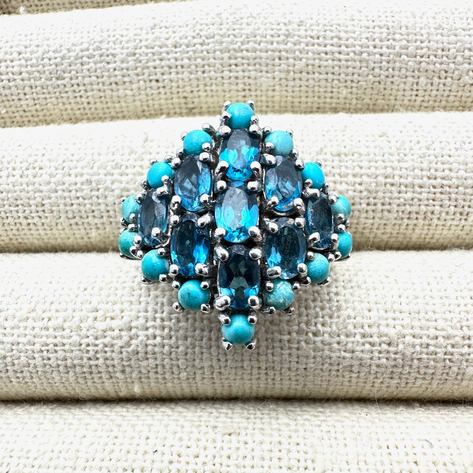 Turquoise And Blue Topaz Cluster Ring Sterling Silver Size 8 10 Grams: Turquoise And Blue Topaz Cluster Ring Sterling Silver Size 8 10 Grams