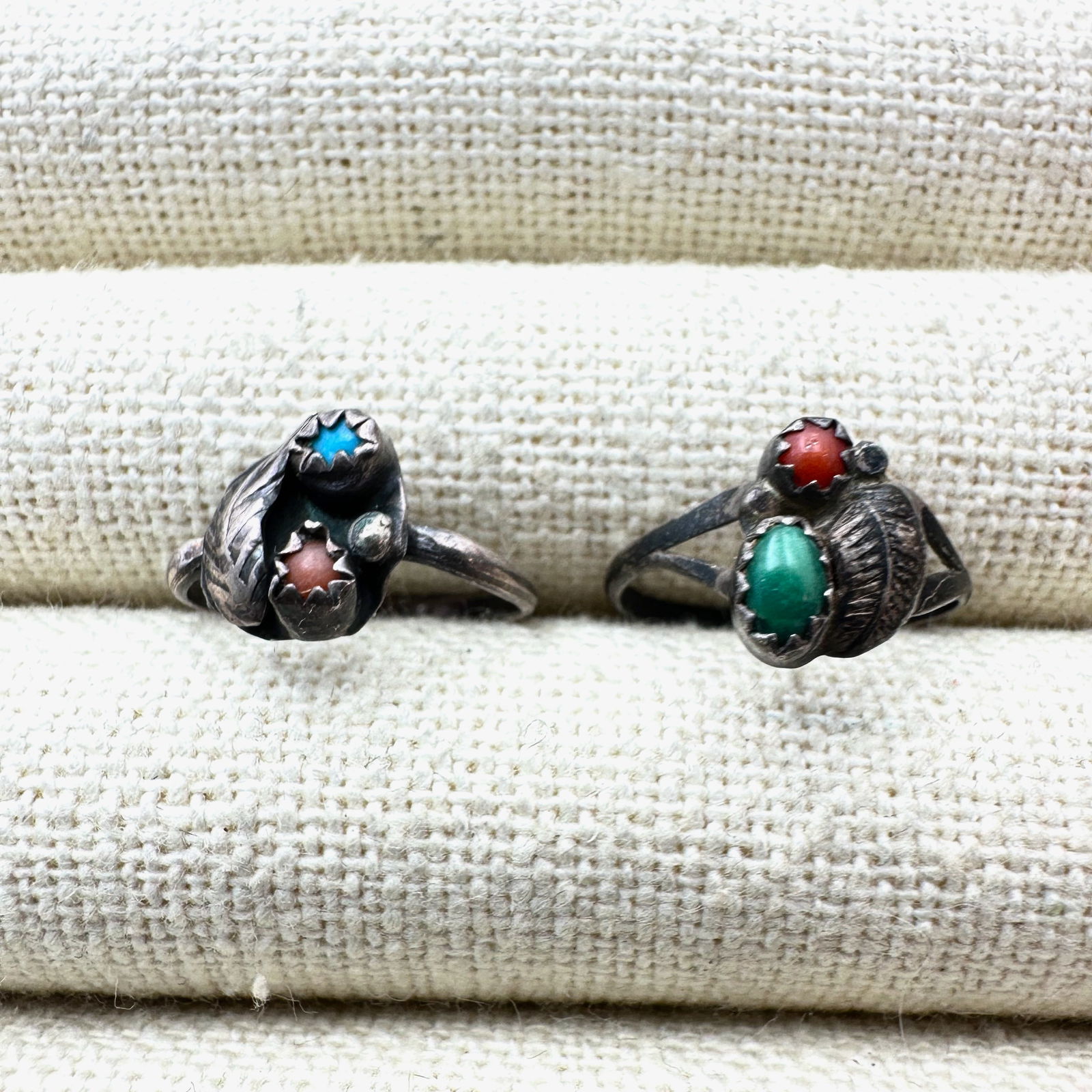 Lot of Two Native American Turquoise Coral Petite Sterling Silver Rings Size 3 and 3.5: Lot of Two Native American Turquoise Coral Petite Sterling Silver Rings Size 3 and 3.6
