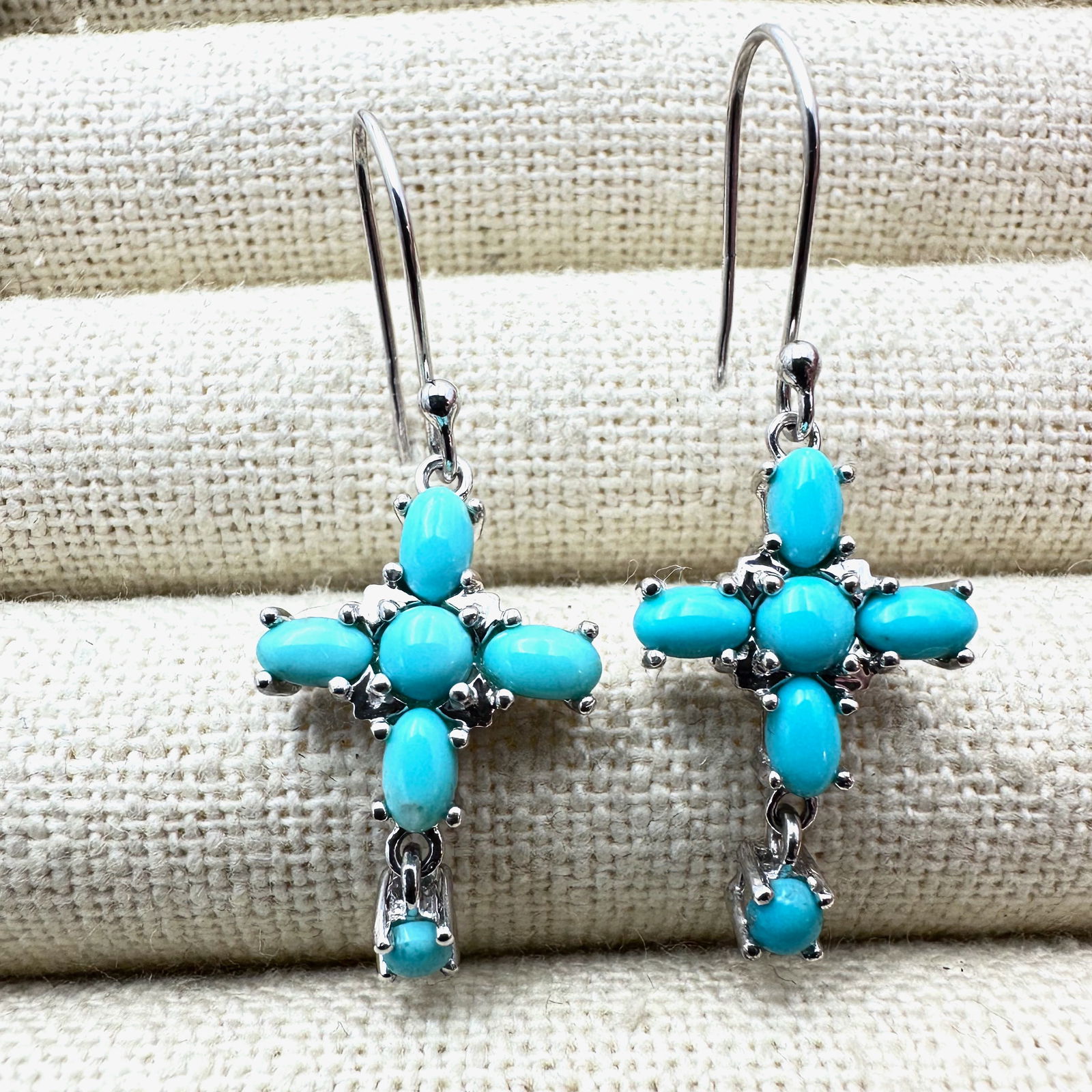 Turquoise Cross Design Sterling Silver Pierced Earrings 1.5 Inch (1 of 2)