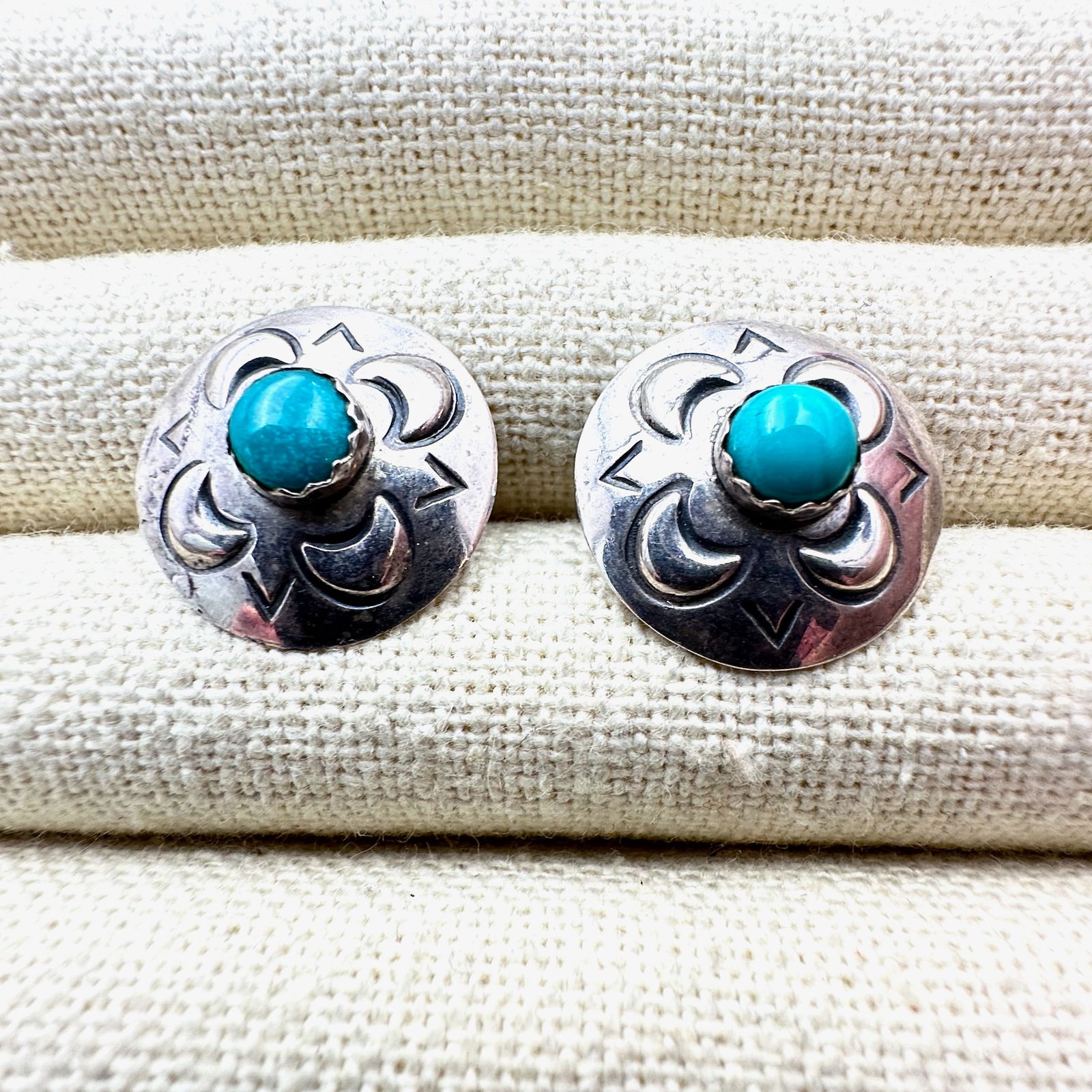 American Southwest Turquoise Sterling Silver Pierced Concho Style Earrings (1 of 2)