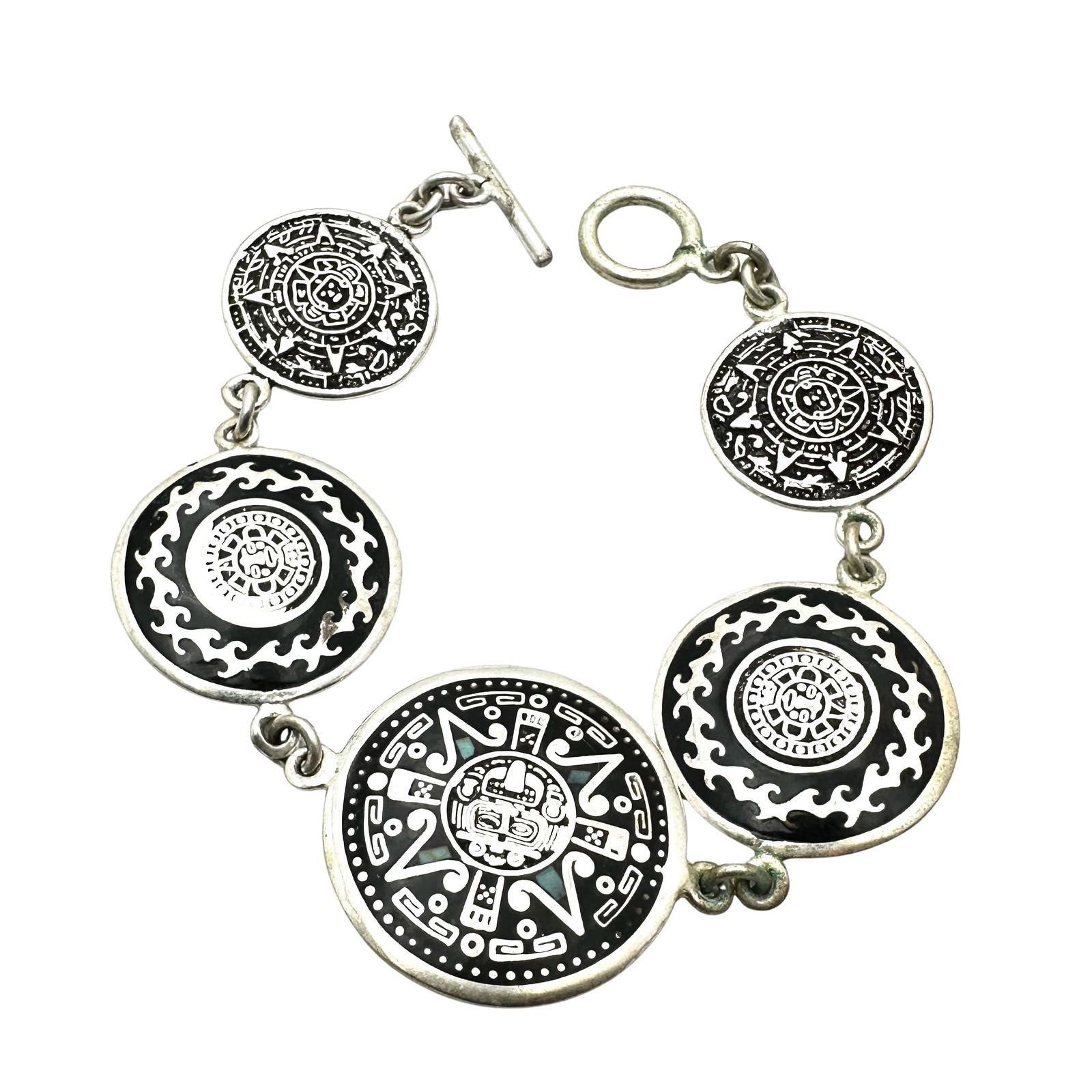 Vintage Mexico Aztec Design Sterling Silver Toggle Bracelet 7.5 Inch Weight 29 Grams: Vintage Mexico Aztec Design Sterling Silver Toggle Bracelet 7.5 Inch Weight 29 Grams