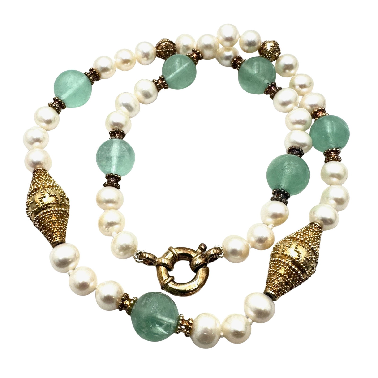 Green Gemstone And Pearl Gold Over Sterling Silver Ornate Bead Necklace 20 Inch Weight 67 Grams: Green Gemstone And Pearl Gold Over Sterling Silver Ornate Bead Necklace 20 Inch Weight 67 Grams